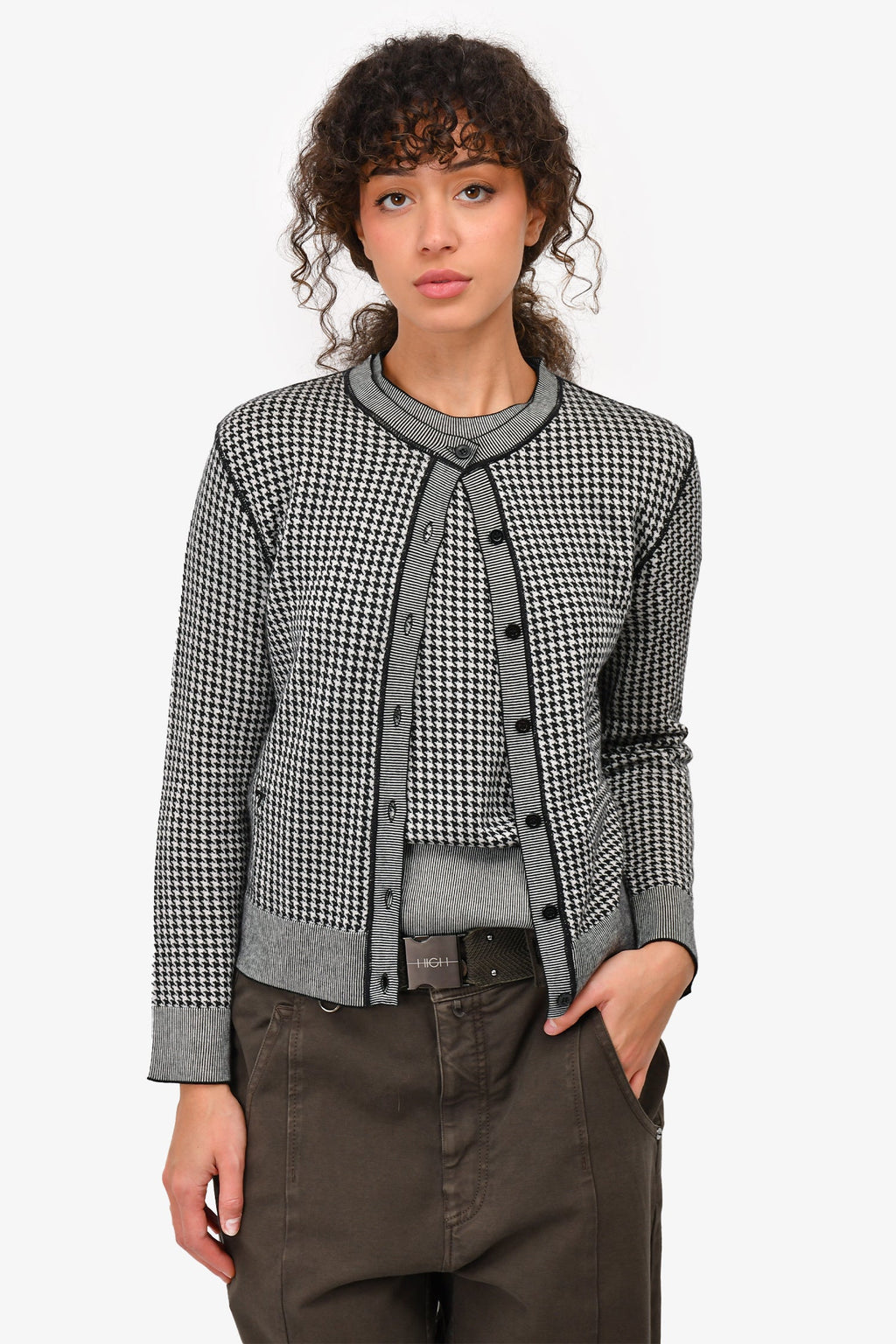 Christian Dior Black/White Houndstooth Pattern Cashmere/Silk igan and Twin Set Size 8