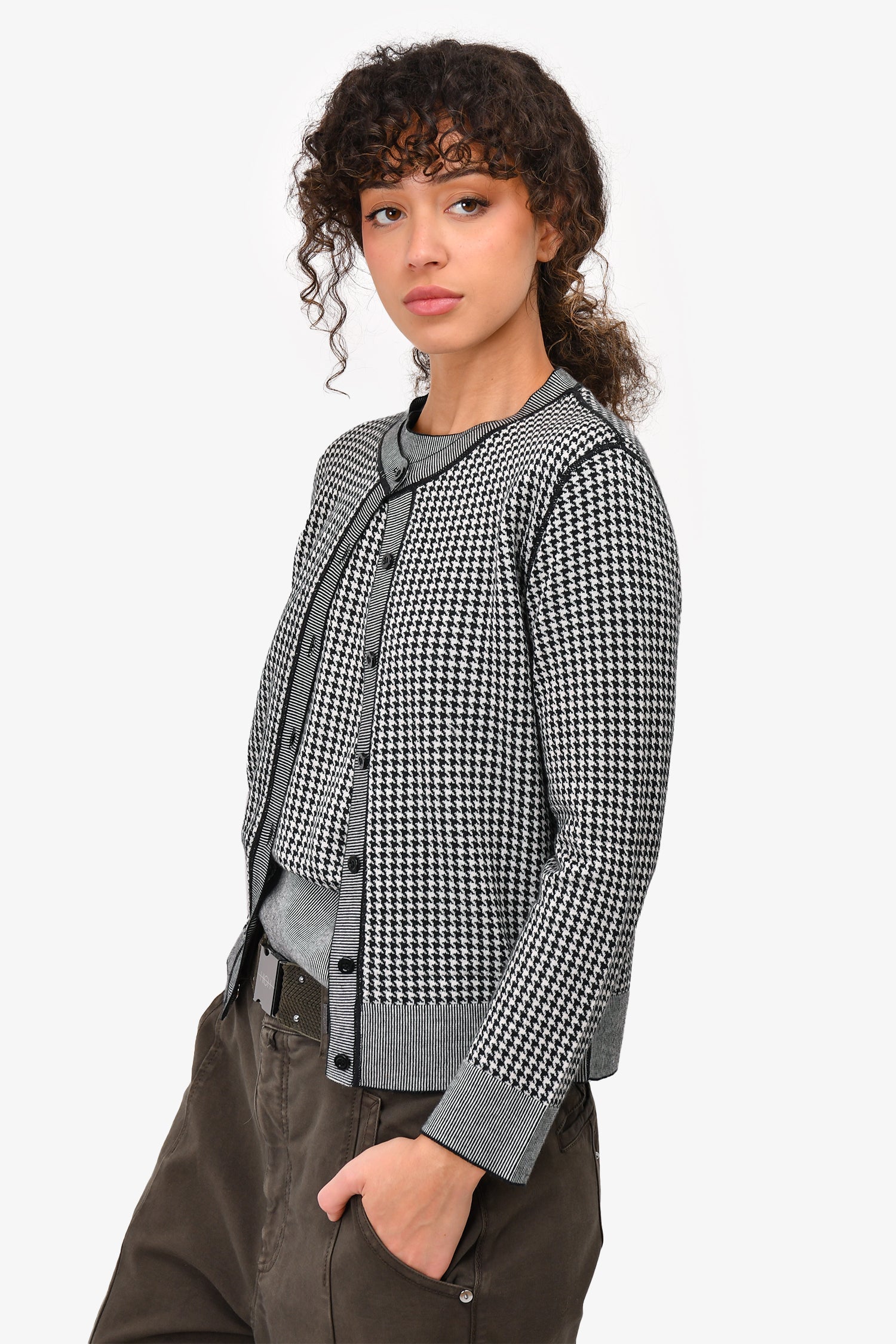 Christian Dior Black/White Houndstooth Pattern Cashmere/Silk igan and Twin Set Size 8
