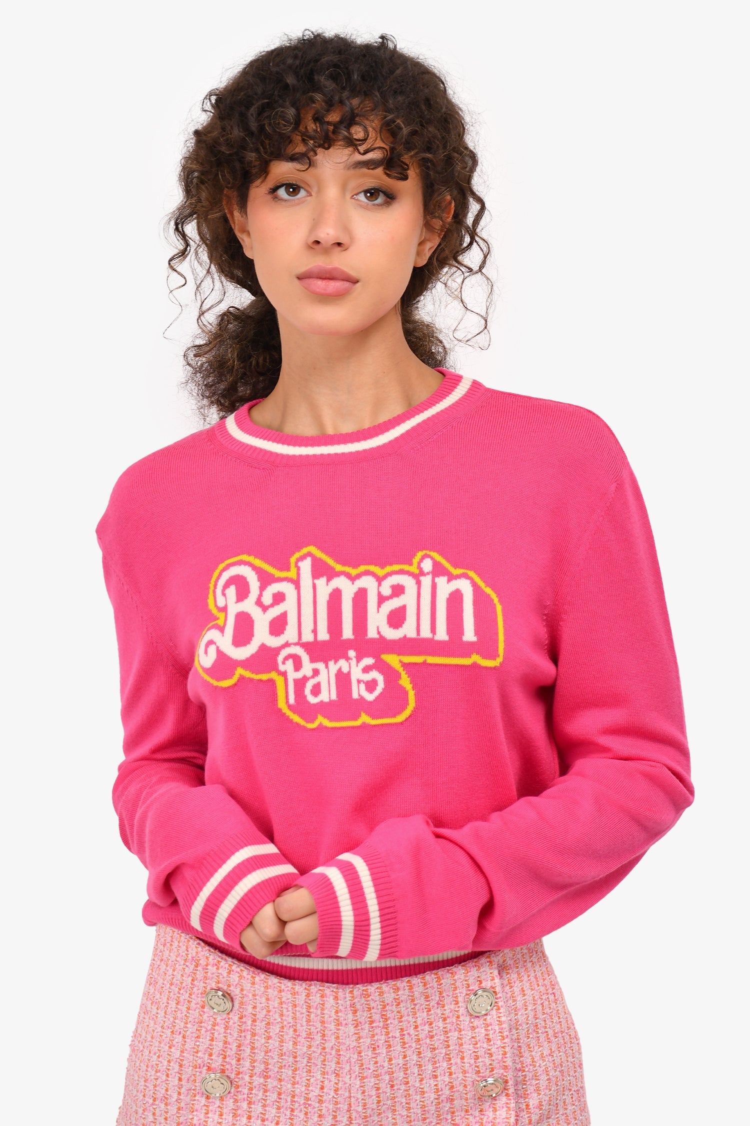 Balmain x Barbie Pink Virgin Wool Logo Sweater Size 40