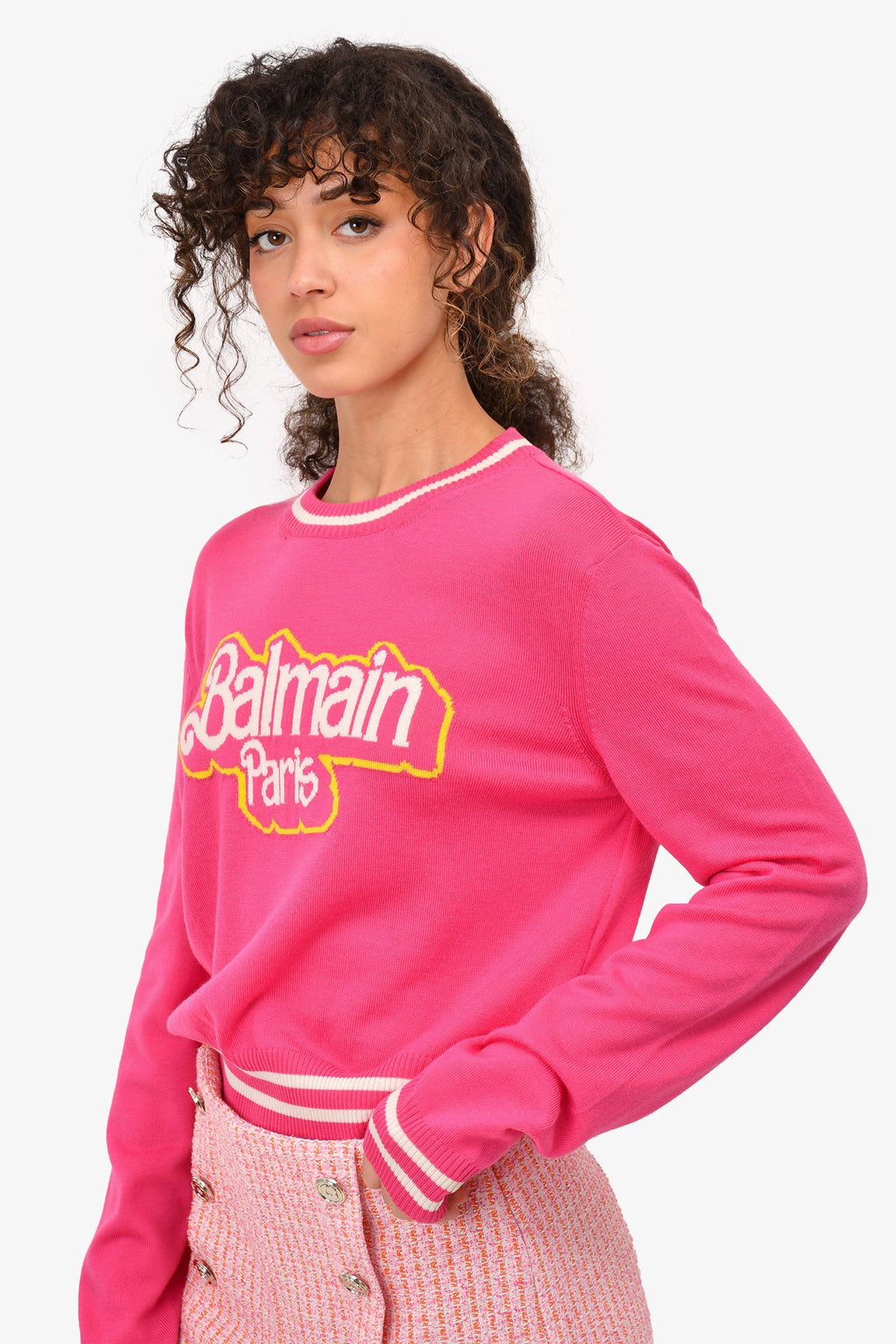 Balmain x Barbie Pink Virgin Wool Logo Sweater Size 40