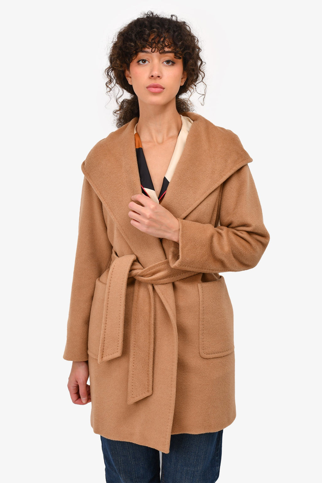Max Mara Brown Camel Hair Hooded Coat With Belt Size 2 US