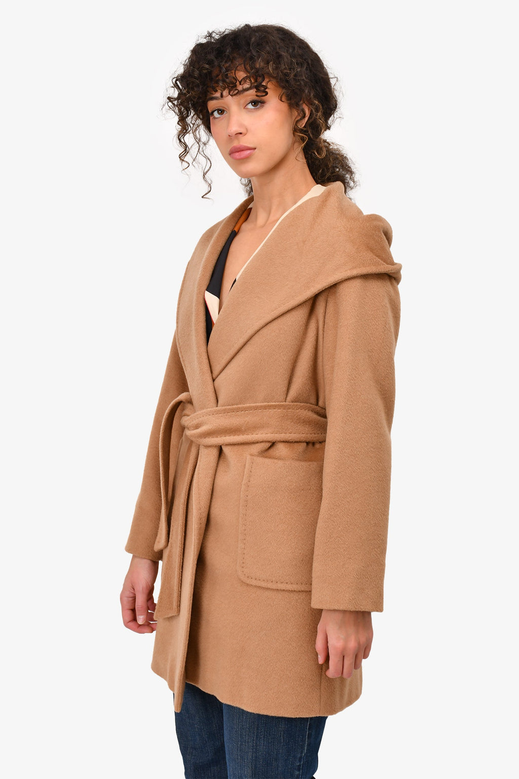 Max Mara Brown Camel Hair Hooded Coat With Belt Size 2 US