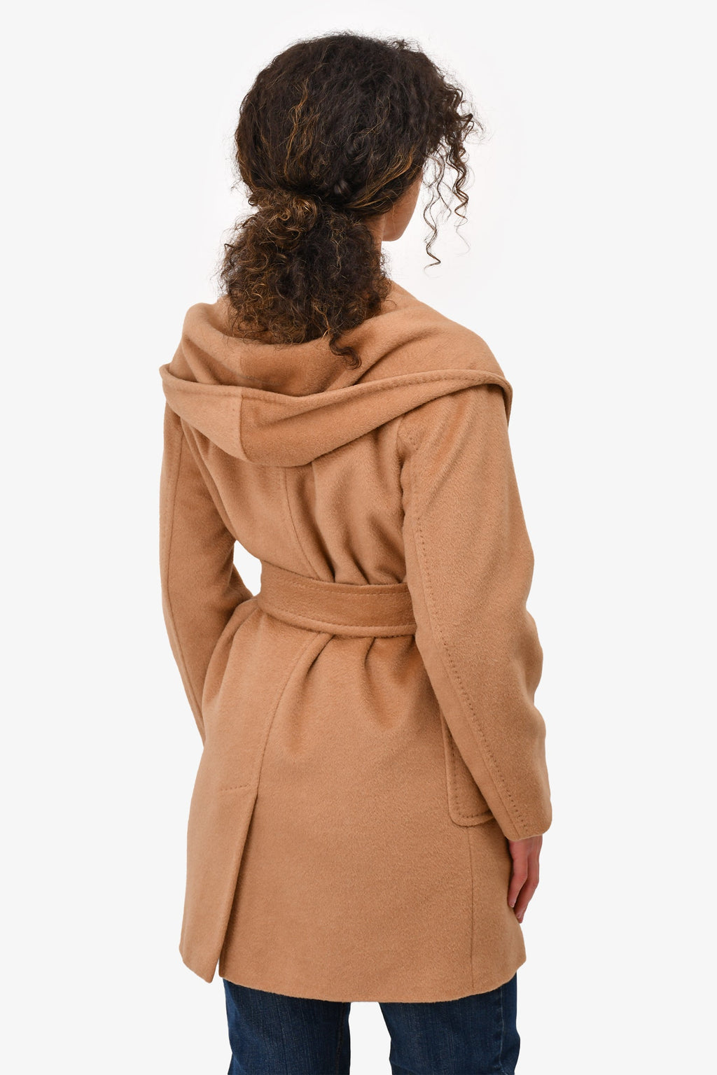 Max Mara Brown Camel Hair Hooded Coat With Belt Size 2 US