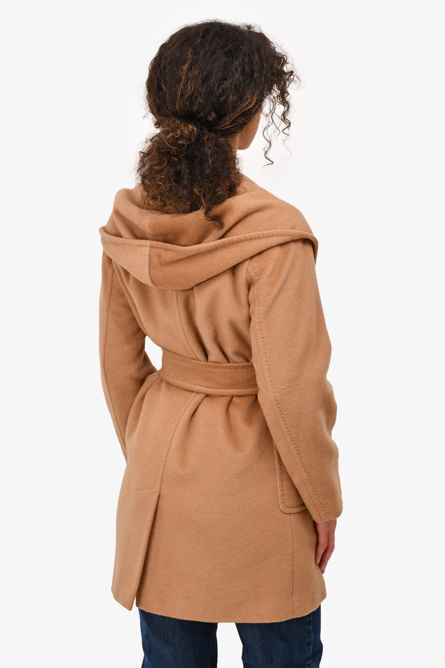 Max Mara Brown Camel Hair Hooded Coat With Belt Size 2 US