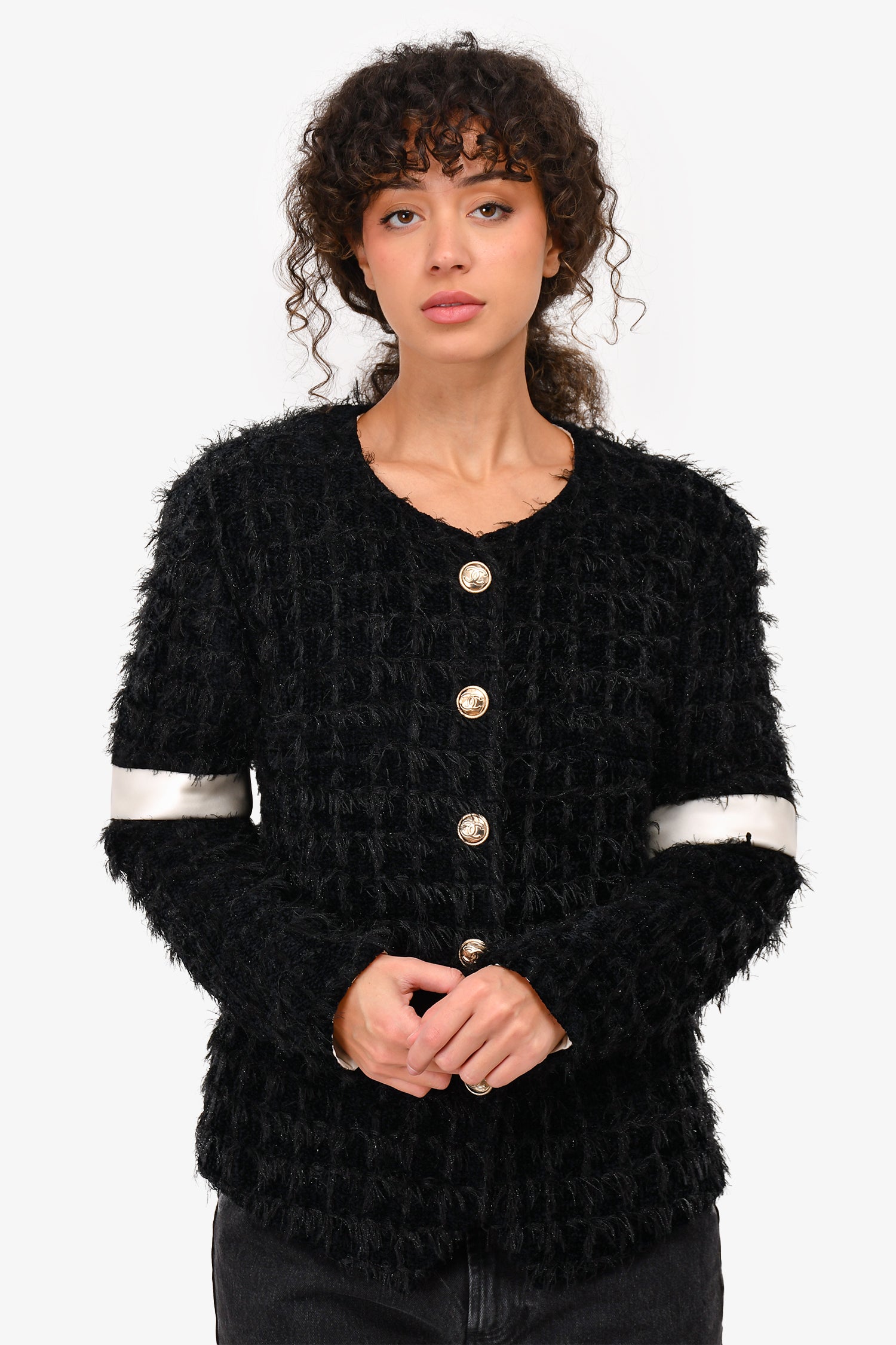 Pre-Loved Chanel™ 2020 Black Eyelash Tweed Jacket with White Satin Detail Size 42