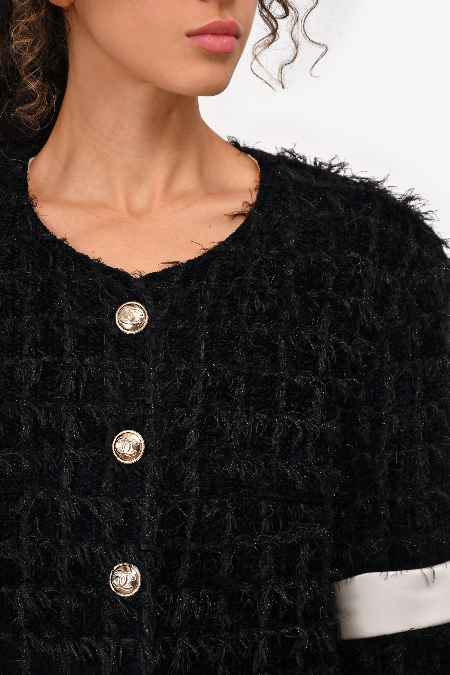 Pre-Loved Chanel™ 2020 Black Eyelash Tweed Jacket with White Satin Detail Size 42