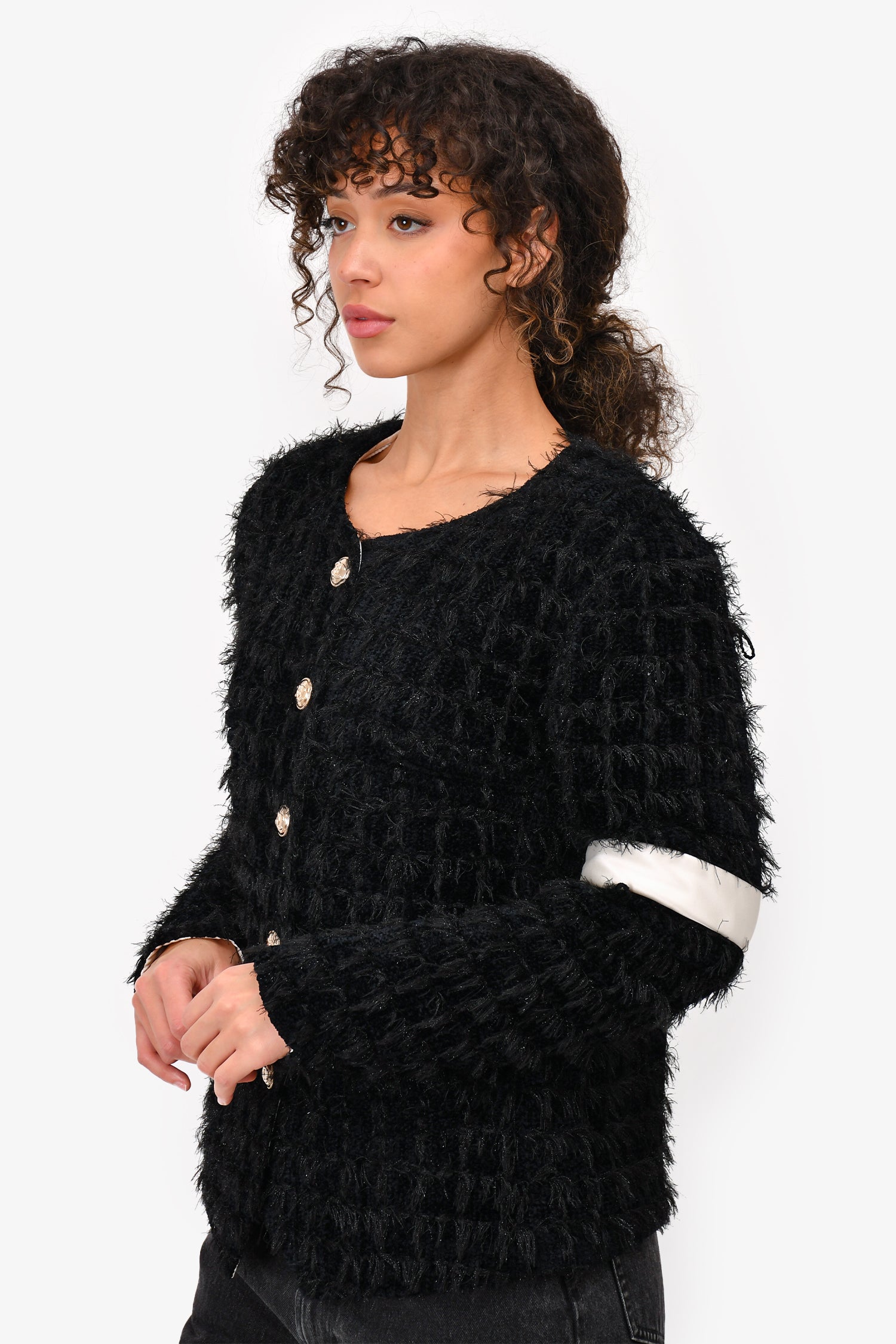 Pre-Loved Chanel™ 2020 Black Eyelash Tweed Jacket with White Satin Detail Size 42