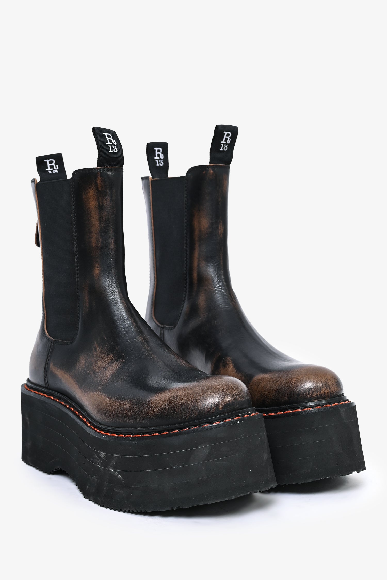 R13 Brown Distressed Leather Platform 'Double Stack' Chelsea Boots Size 7 US