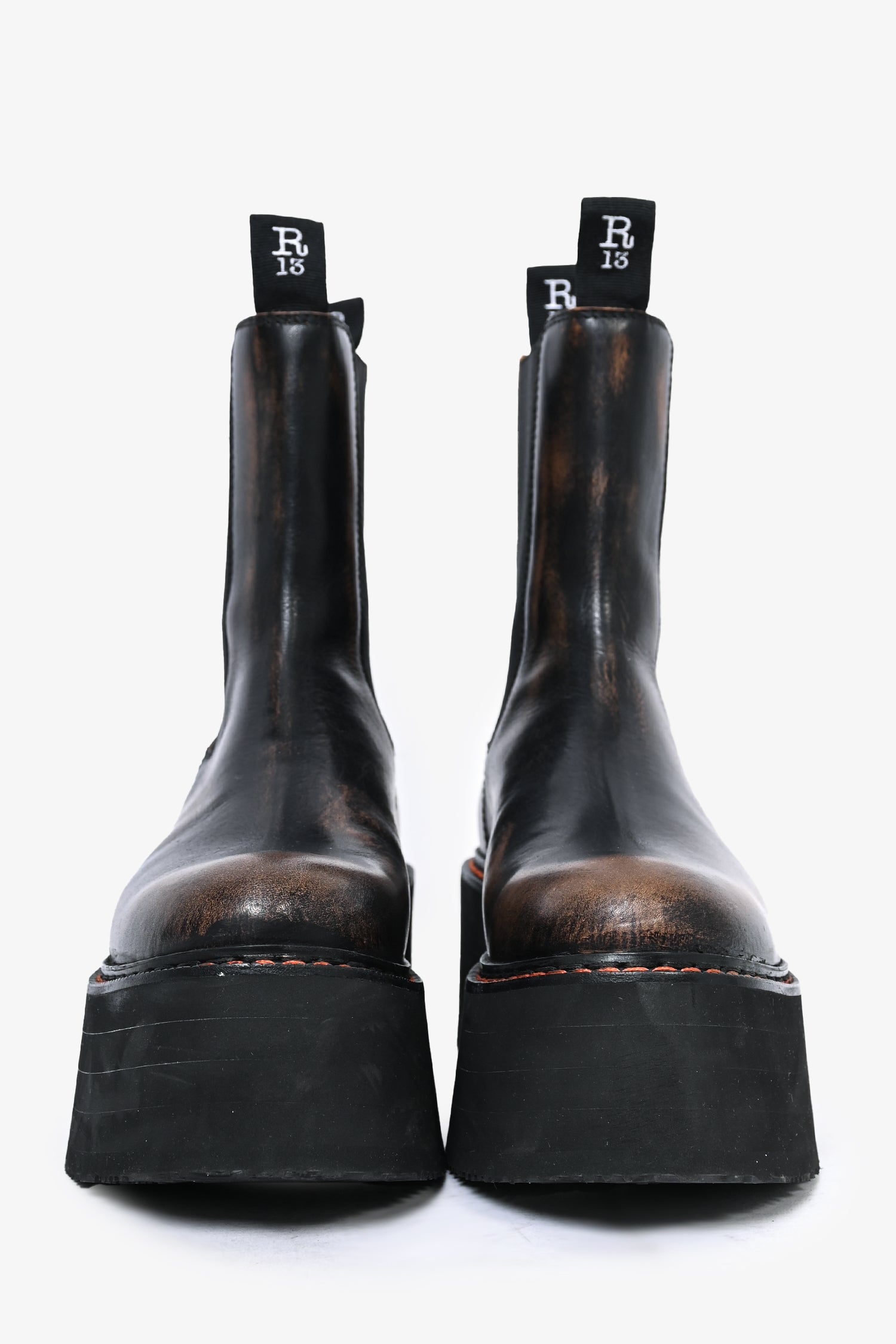 R13 Brown Distressed Leather Platform 'Double Stack' Chelsea Boots Size 7 US