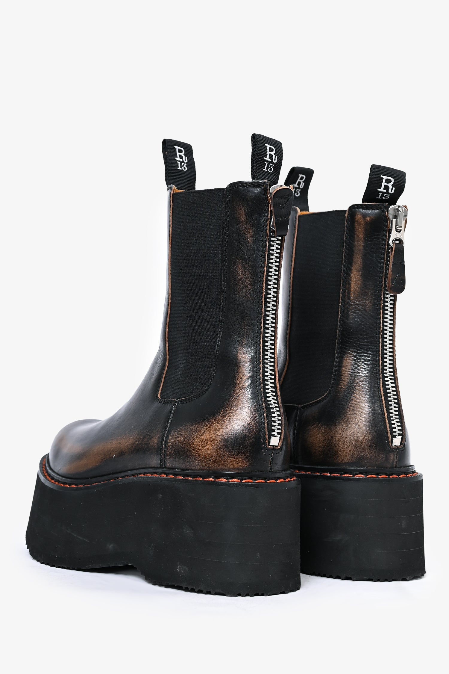 R13 Brown Distressed Leather Platform 'Double Stack' Chelsea Boots Size 7 US