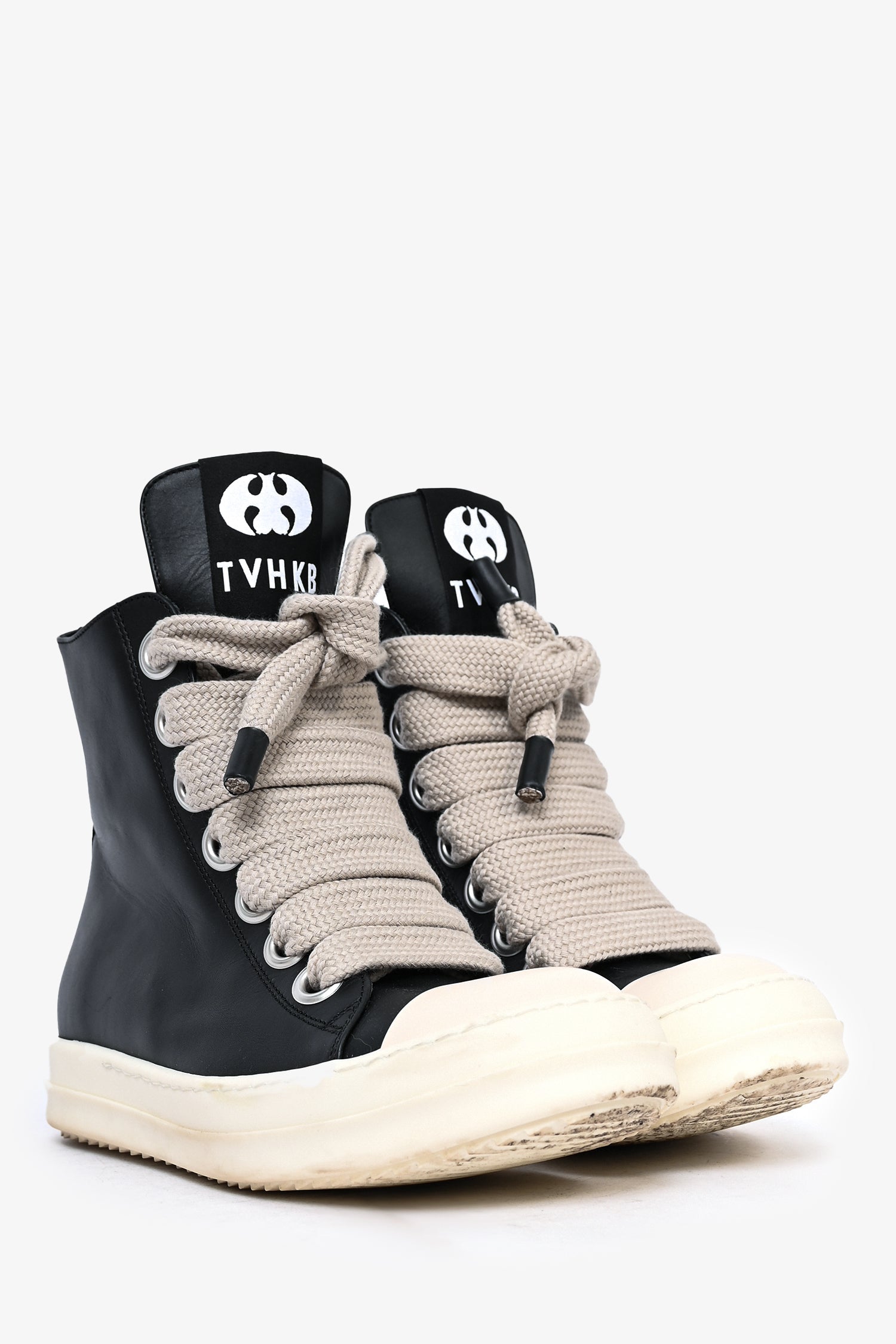 Rick Owens TVHKB Black Leather Porterville Jumbo Laced Padded Sneakers Size 39