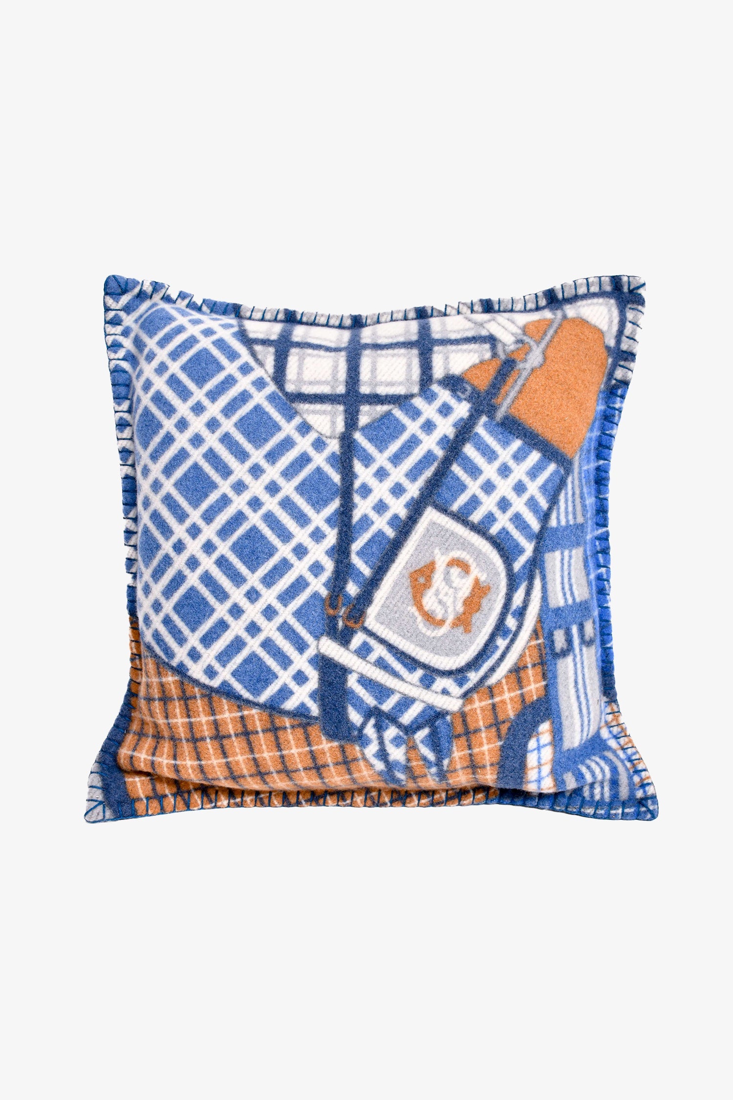 Hermès Navy/Brown Wool/Cashmere Patterned Pillow