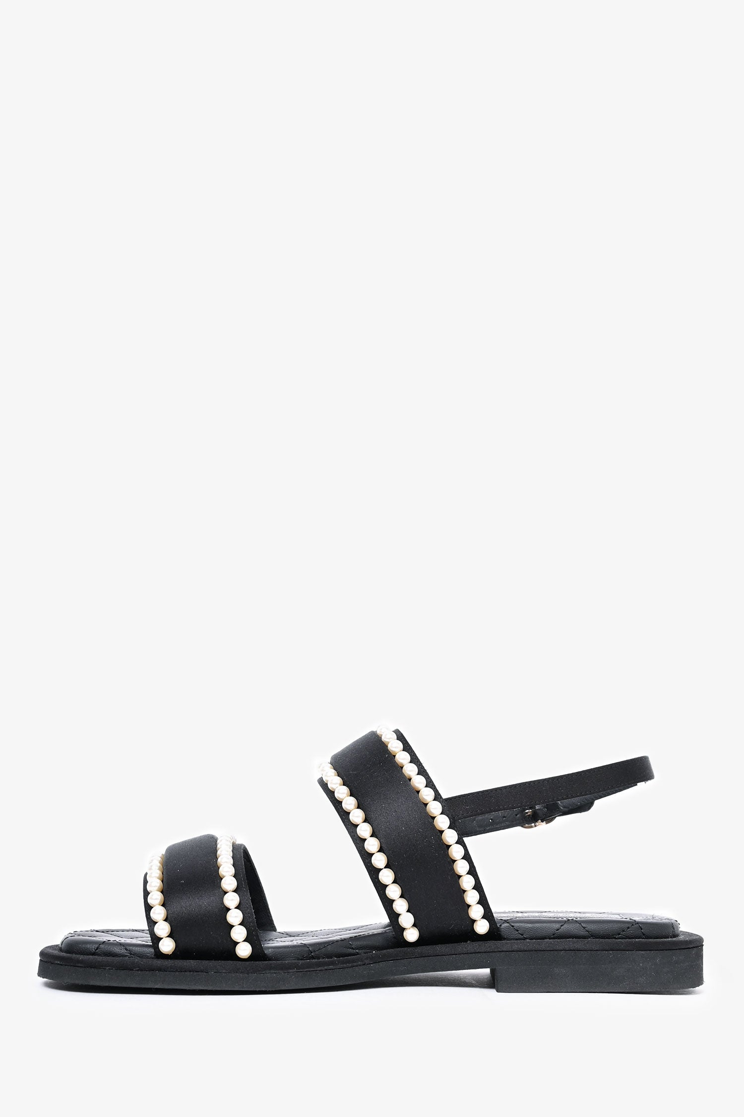 Pre-Loved Chanel™ 2022 Cruise Black Satin Pearl Quilted Flat Sandals Size 38.5