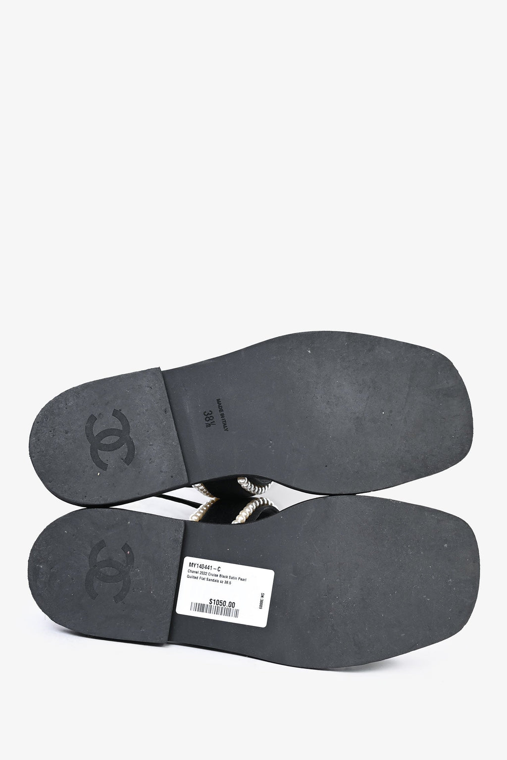 Pre-Loved Chanel™ 2022 Cruise Black Satin Pearl Quilted Flat Sandals Size 38.5