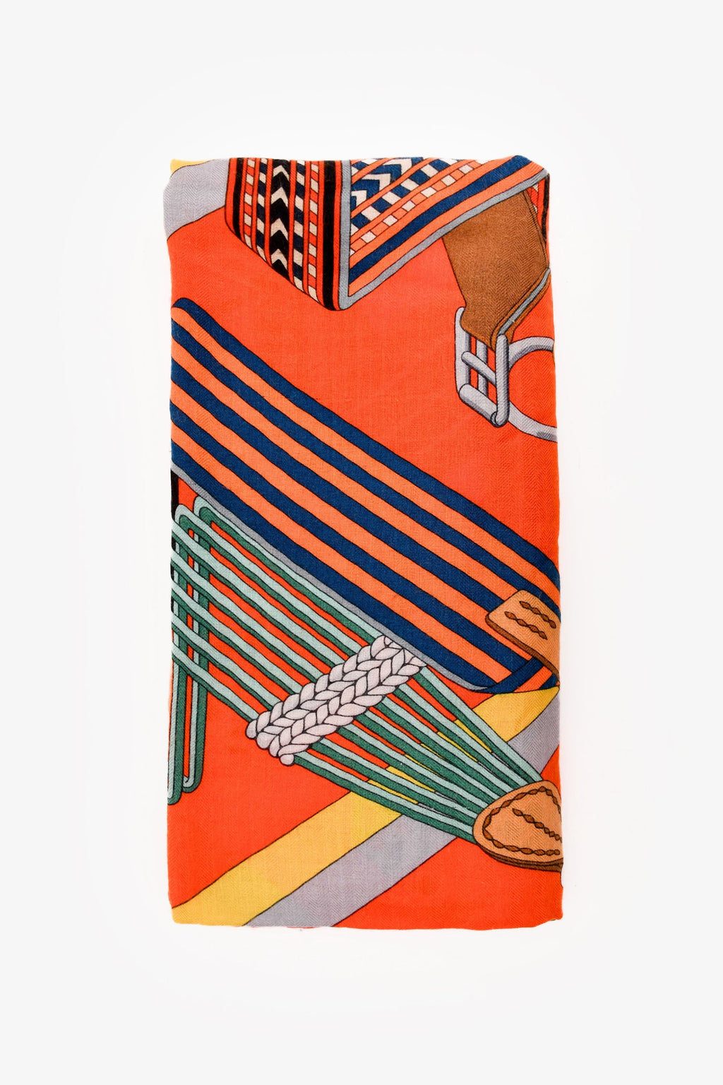 Hermès Orange Multicolour Cashmere/SIlk 'Sangles En Zigzag' 140cm Scarf