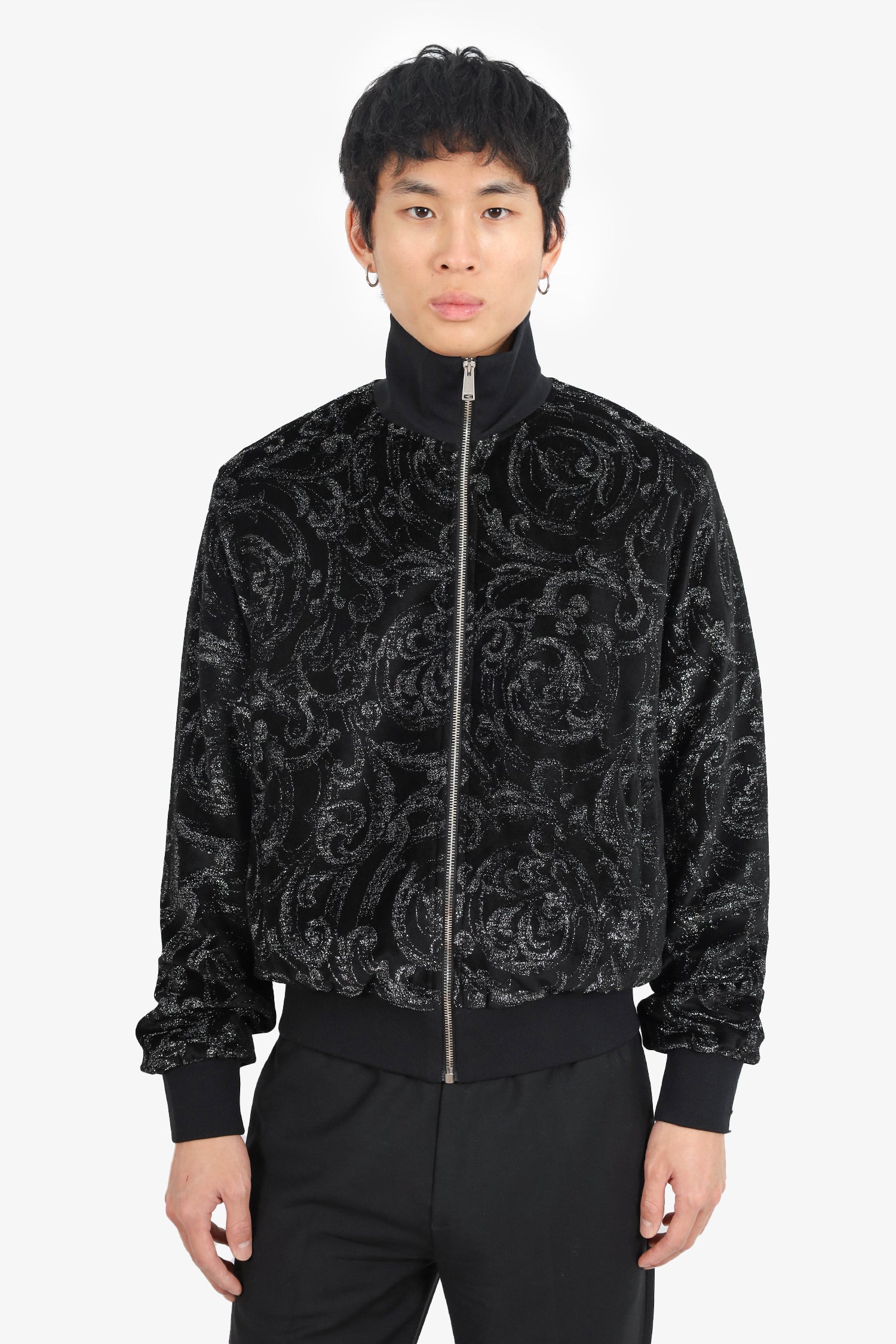 Versace Black Glitter Barocco Print Jacquard Zip-up Jacket Size M Mens
