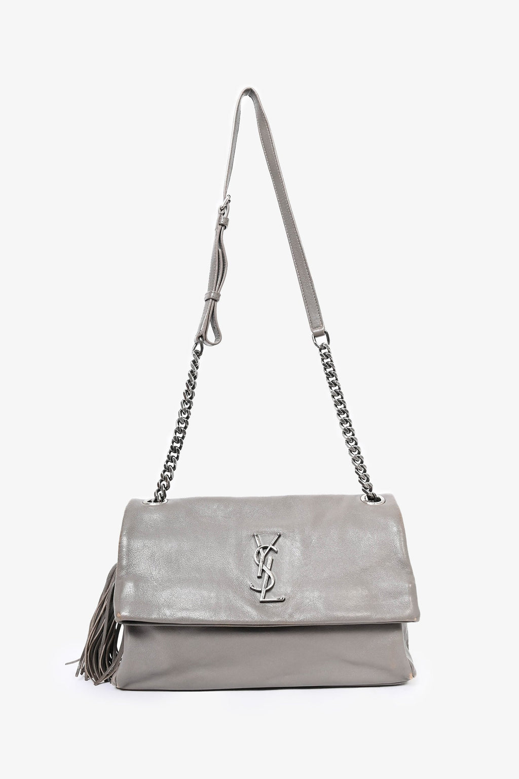 Saint Laurent Grey Leather Medium Tassel Shoulder Bag (As Is)
