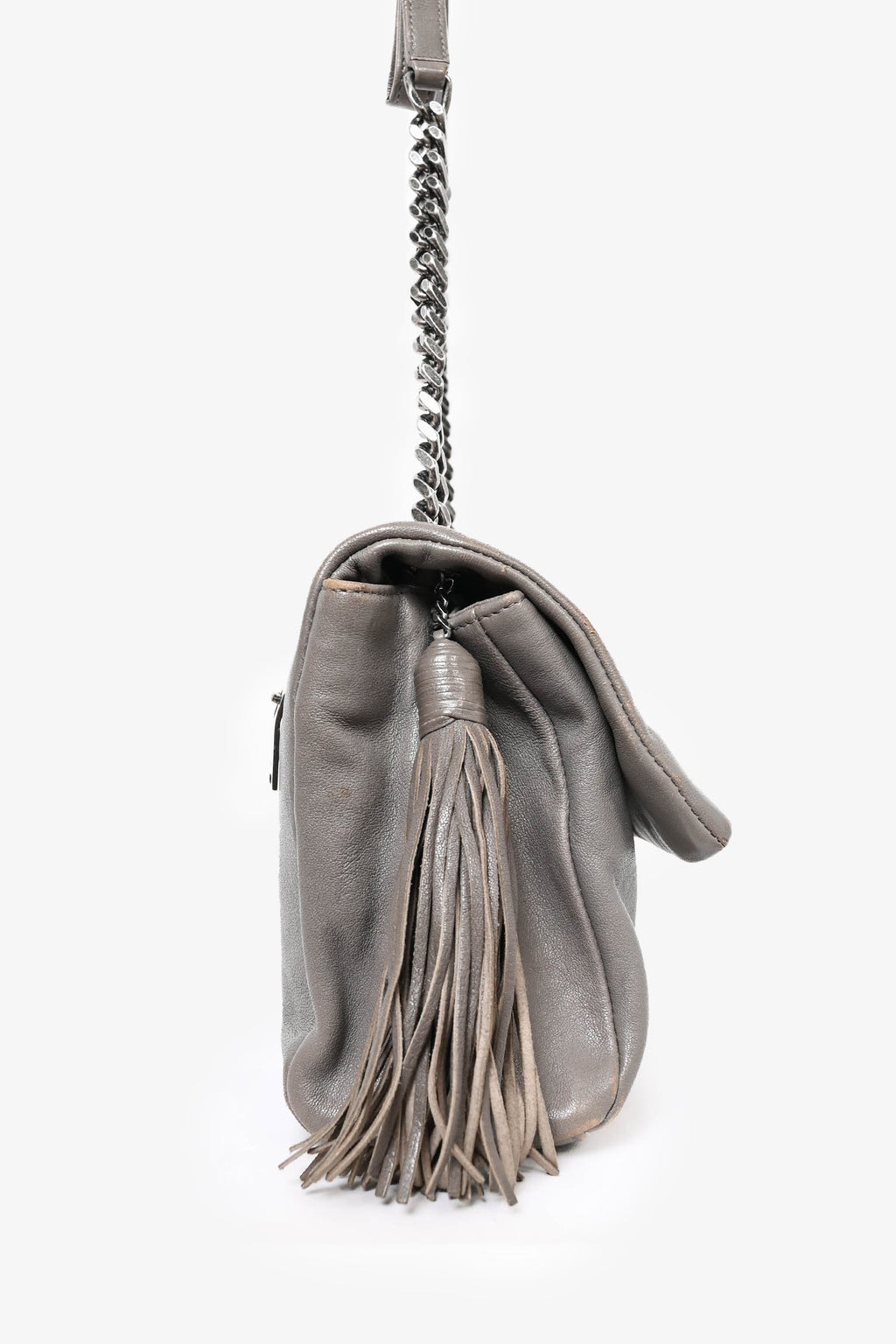 Saint Laurent Grey Leather Medium Tassel Shoulder Bag (As Is)