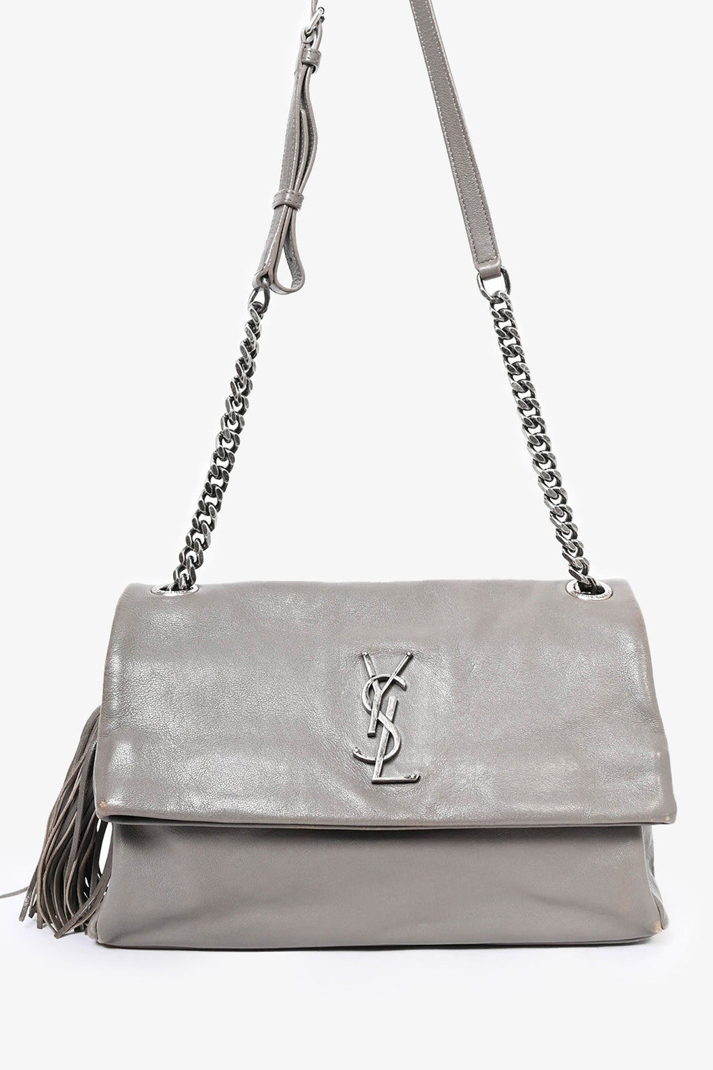 Saint Laurent Grey Leather Medium Tassel Shoulder Bag (As Is)