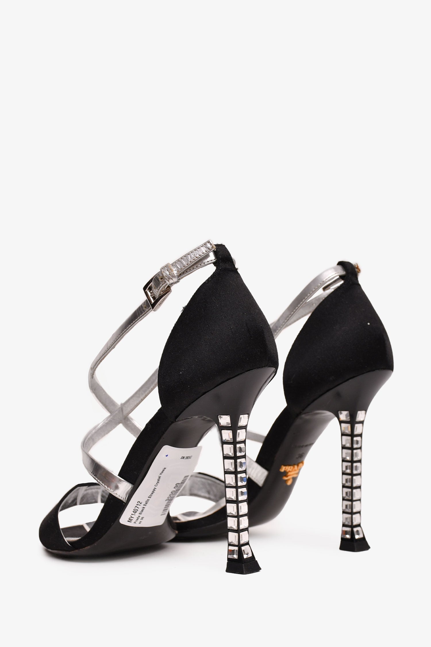 Prada Black Satin Strappy Crystal Heels Size 36