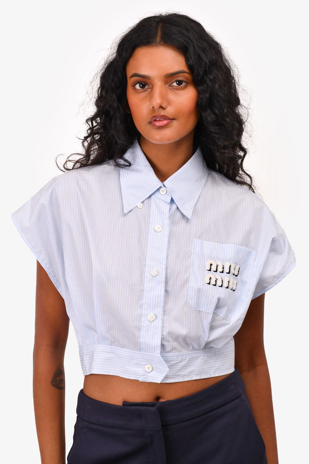 Miu Miu 2021 Light Blue Striped Cotton Poplin Cap Sleeve Cropped Logo Top Size 42