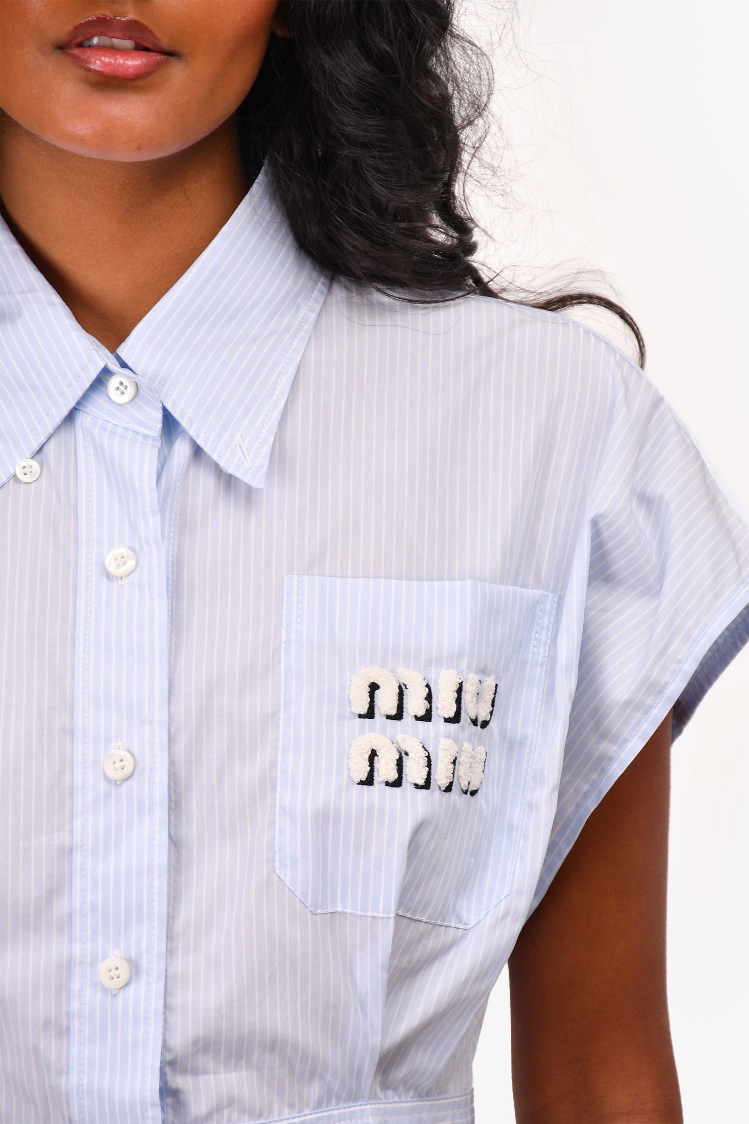 Miu Miu 2021 Light Blue Striped Cotton Poplin Cap Sleeve Cropped Logo Top Size 42