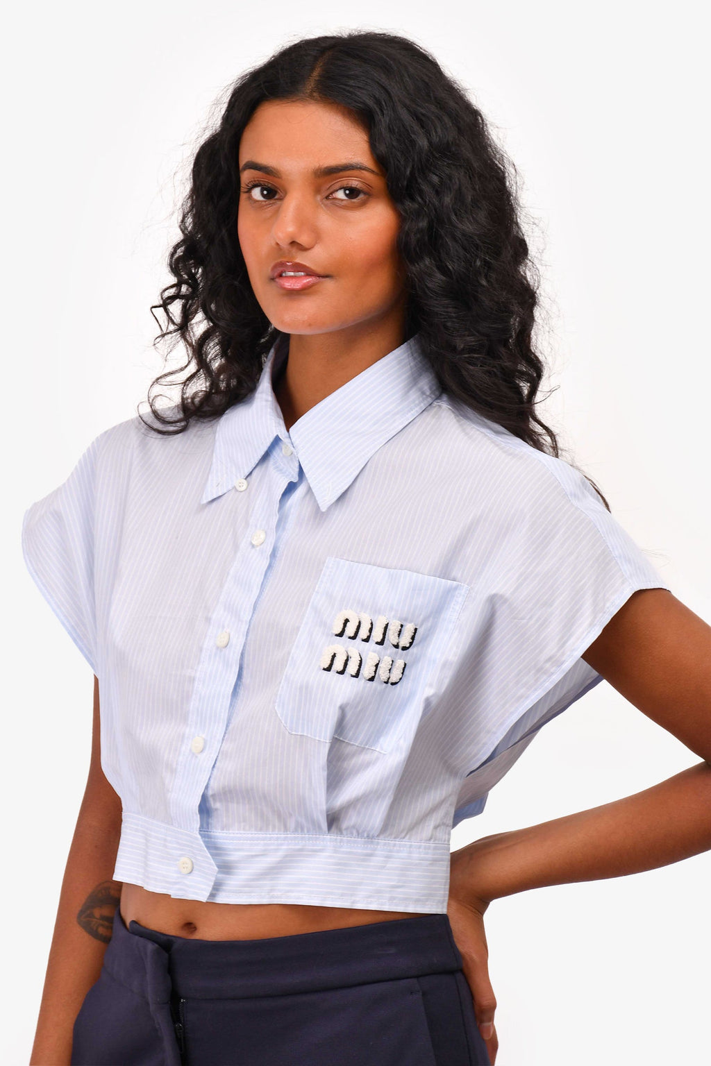 Miu Miu 2021 Light Blue Striped Cotton Poplin Cap Sleeve Cropped Logo Top Size 42