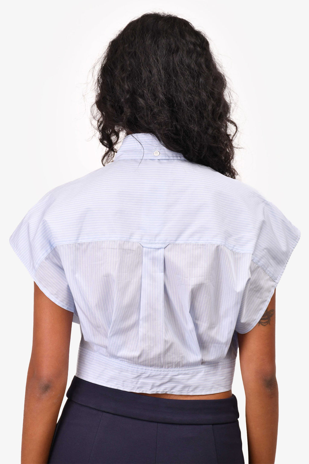 Miu Miu 2021 Light Blue Striped Cotton Poplin Cap Sleeve Cropped Logo Top Size 42