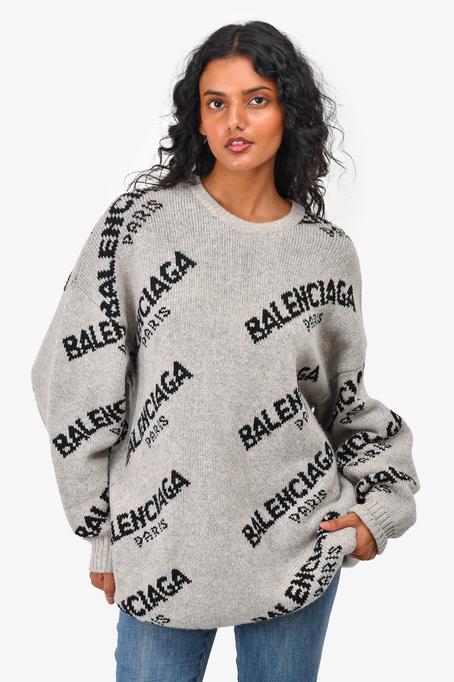 Balenciaga 2017 Grey/Black Logo Print Virgin Wool/Camel Sweater Size 36