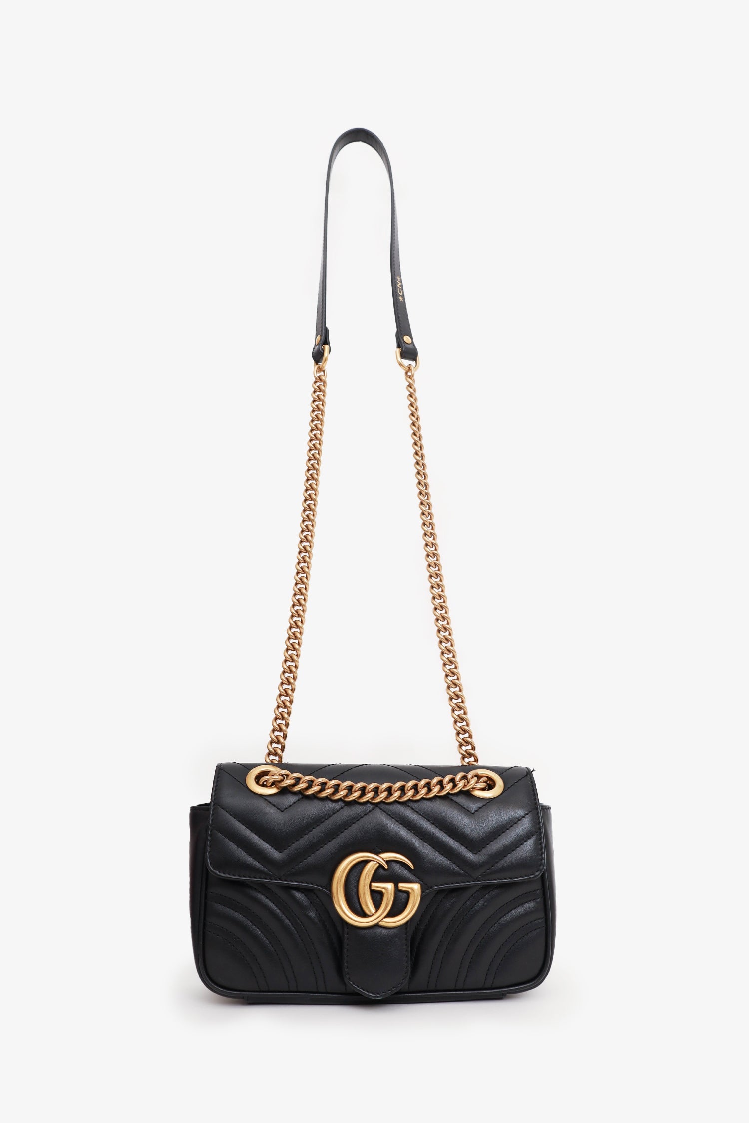 Gucci Black Leather Mini GG Marmont Shoulder Bag with 'CN' Initial