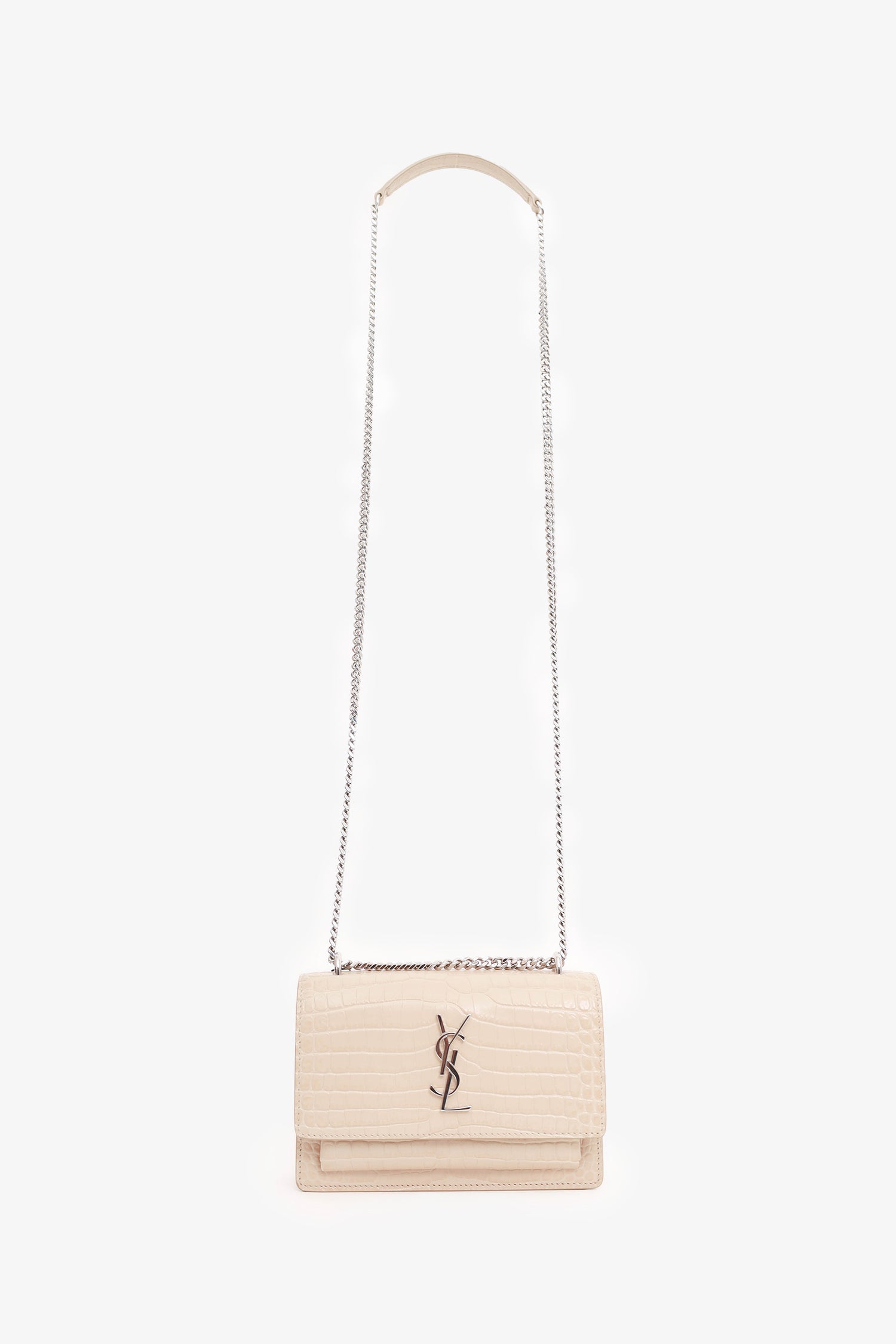 Saint Laurent Beige Croc Embossed Leather 'Sunset' Mini Crossbody Bag