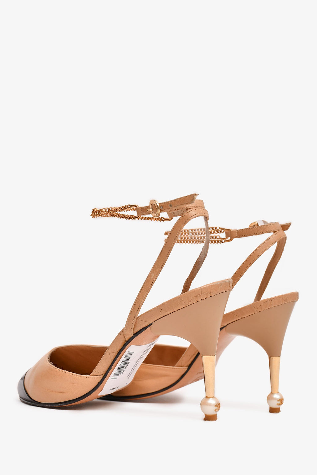 Pre-Loved Chanel™ Beige/Black Leather Chain Detailed Slingback Heels Size 38