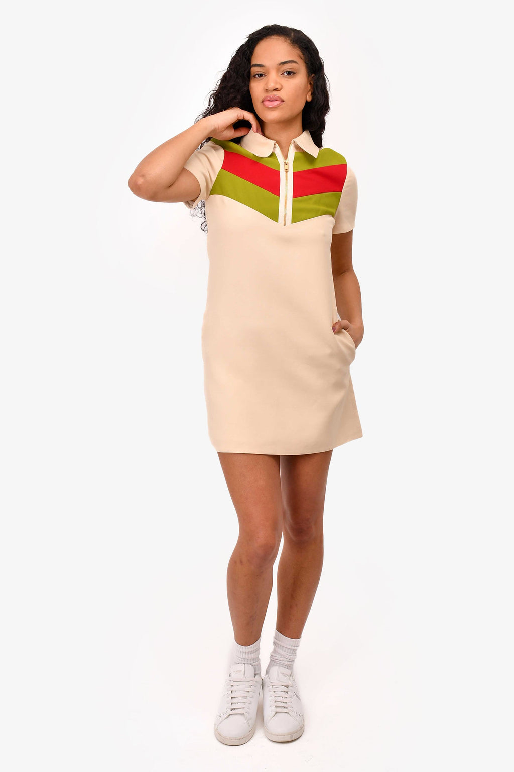 Gucci Cream Chevron Striped Polo 3/4 Zip Dress Size 36