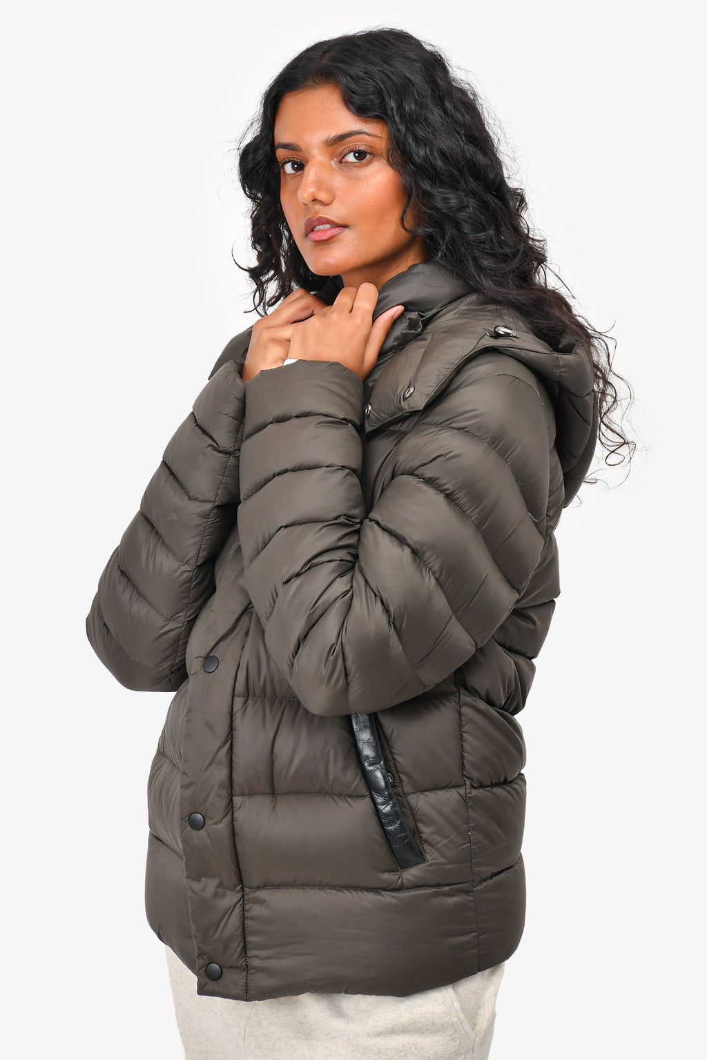 Mackage Green Down Leather Trimmed Puff Jacket Size 38