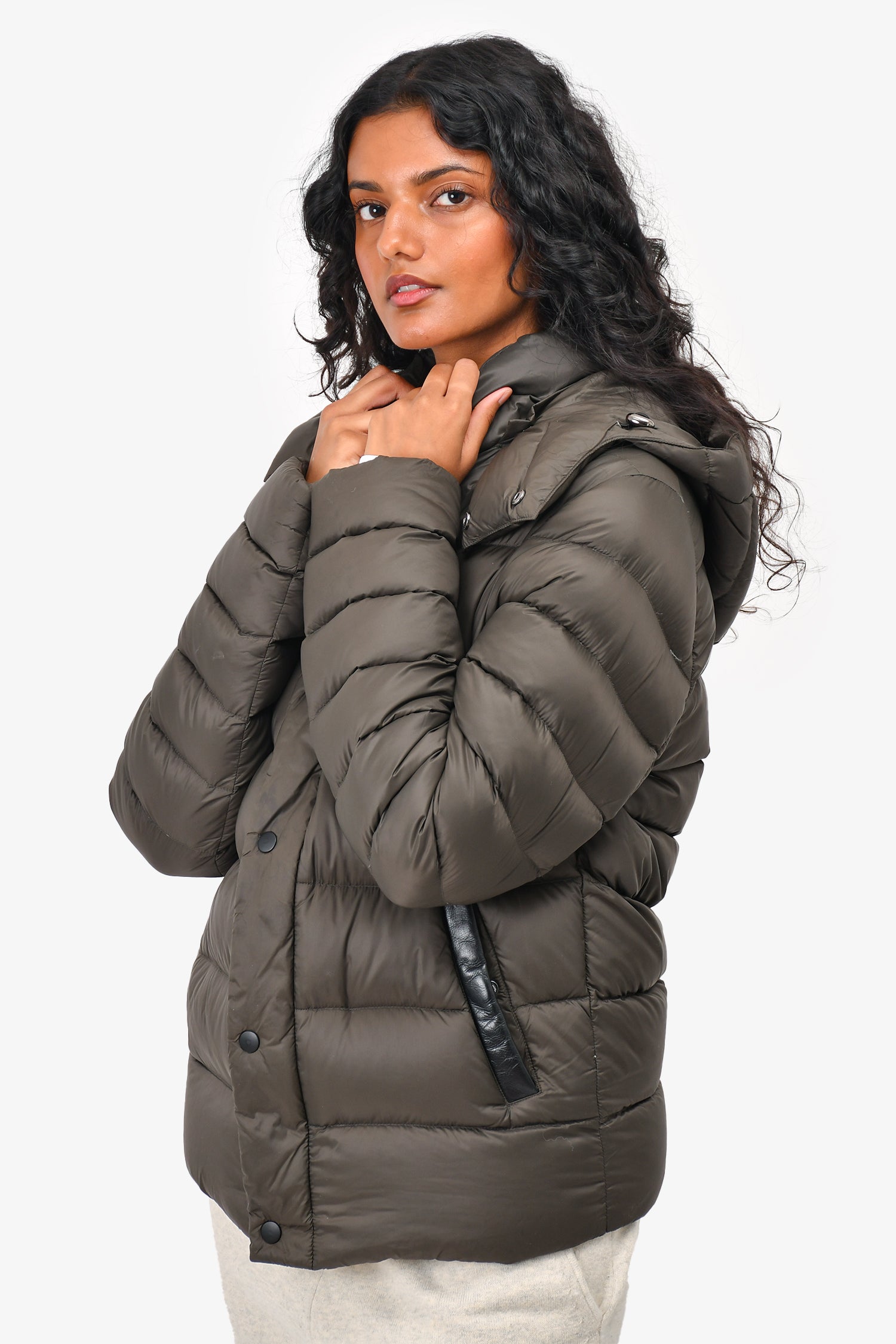 Mackage Green Down Leather Trimmed Puff Jacket Size 38