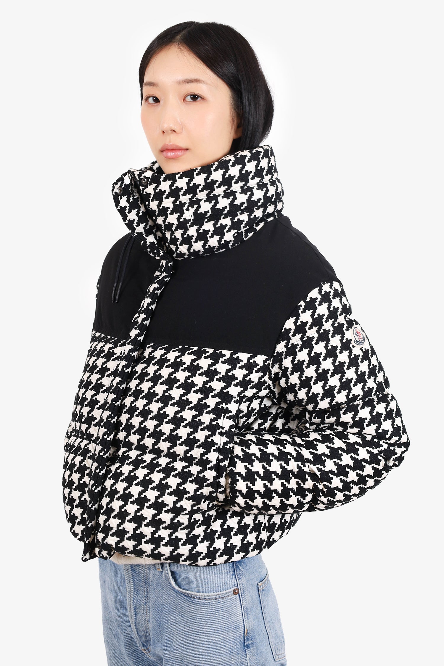 Moncler Black/White Houndstooth Embroidered Quilted Shell Down Jacket Size 1