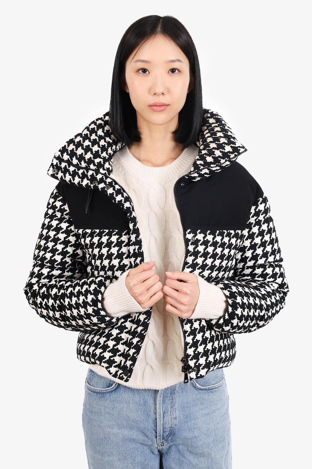 Moncler Black/White Houndstooth Embroidered Quilted Shell Down Jacket Size 1