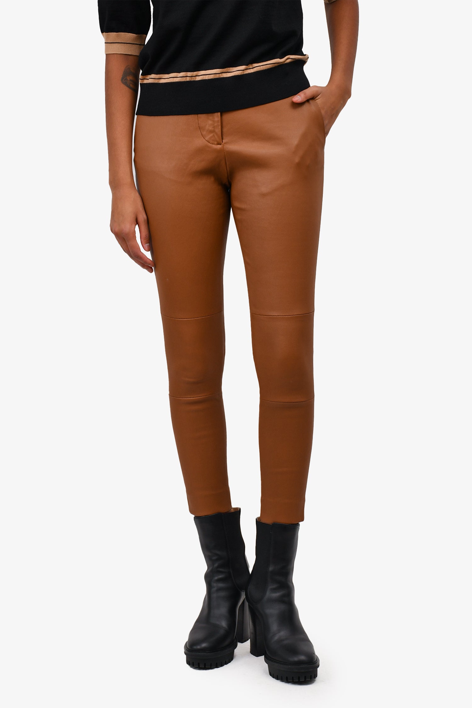 Hi-Lo Beige Lambskin Leather Slim Pants Estimated Size 23