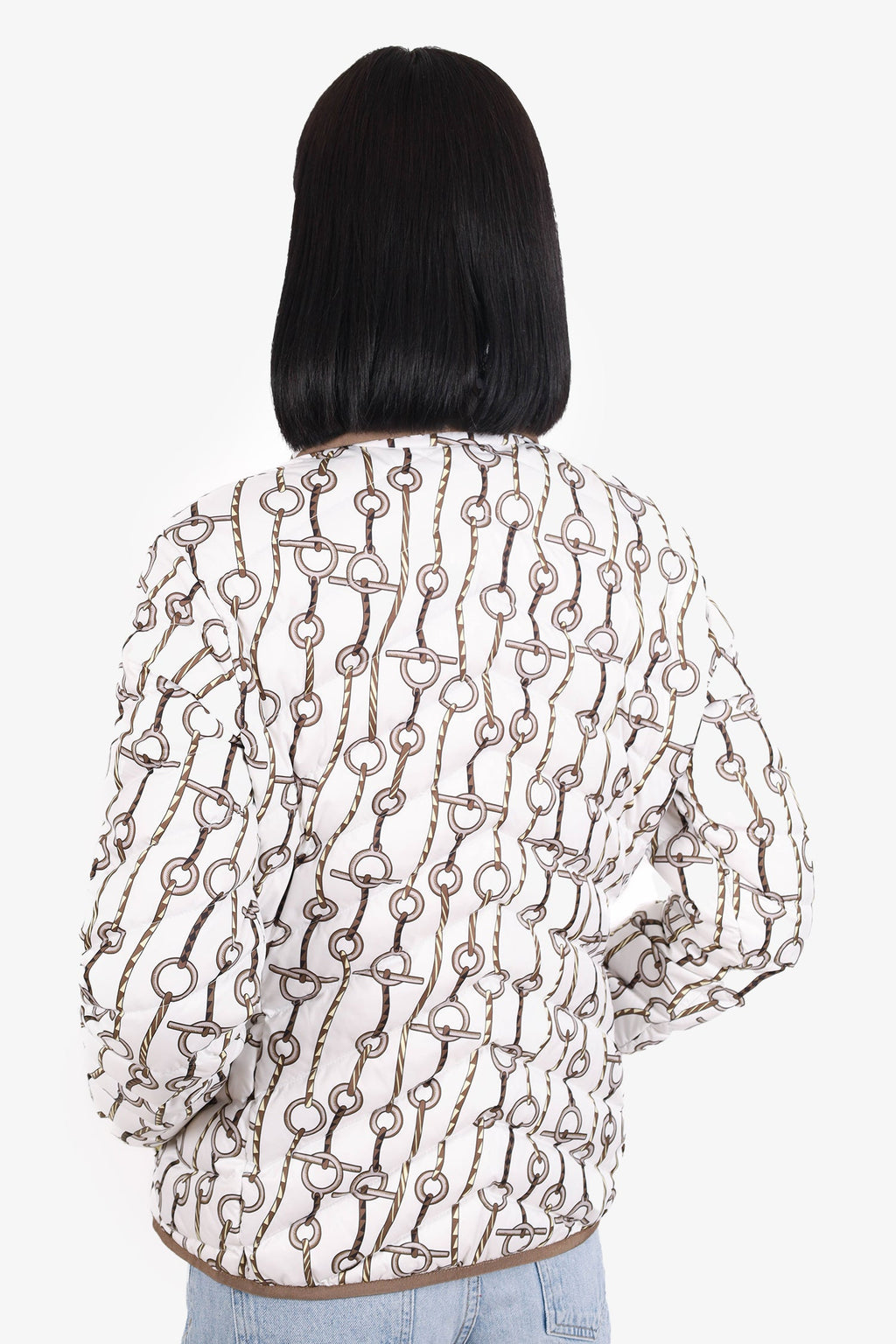 Hermès 2023 Runway White Horsebit Print Puffer Jacket Size 40