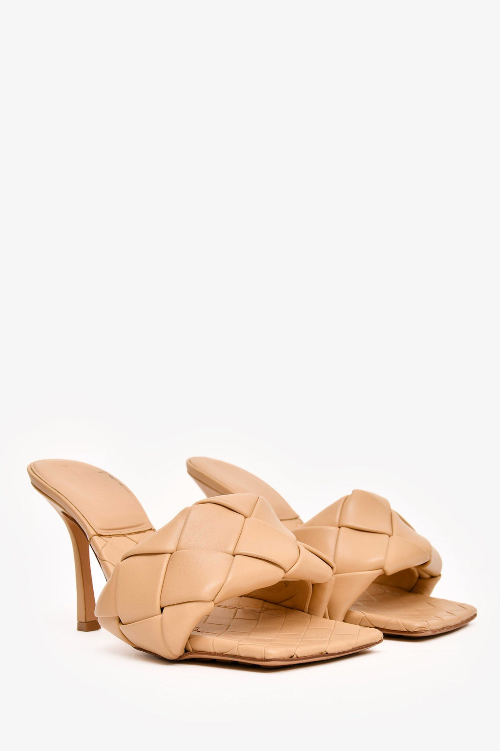 Bottega Veneta Taupe Leather Intrecciato Heeled Sandals Size 38.5