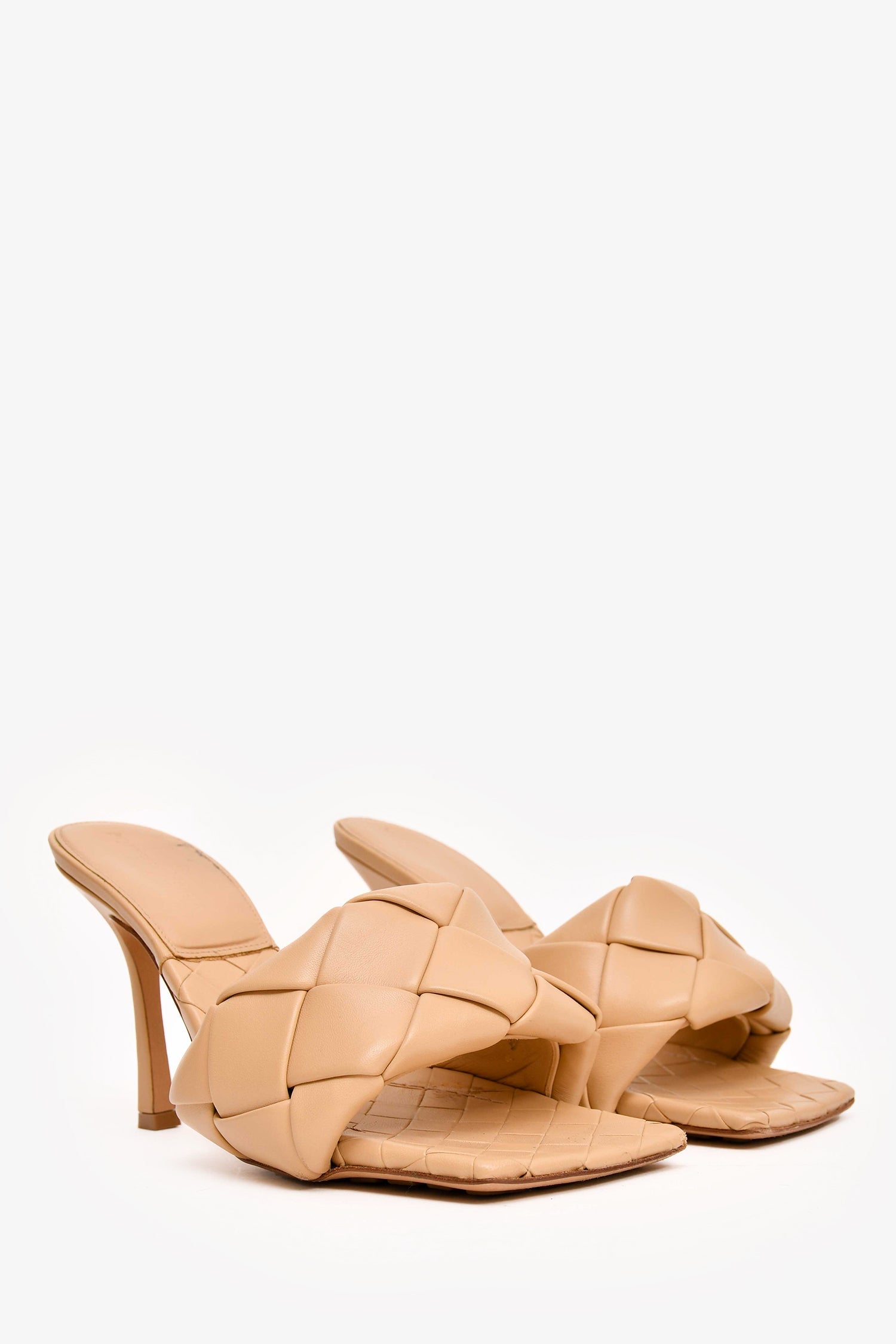 Bottega Veneta Taupe Leather Intrecciato Heeled Sandals Size 38.5
