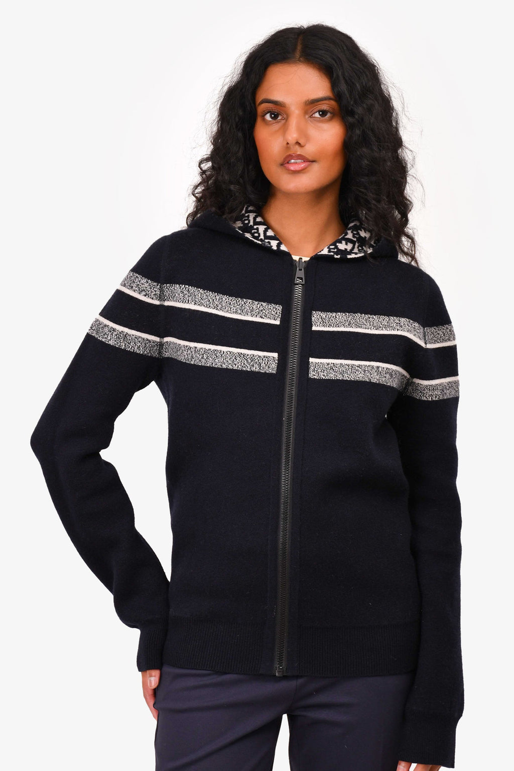 Christian Dior Blue Oblique Cashmere Reversible Zip Hooded Sweater Estimated Size S