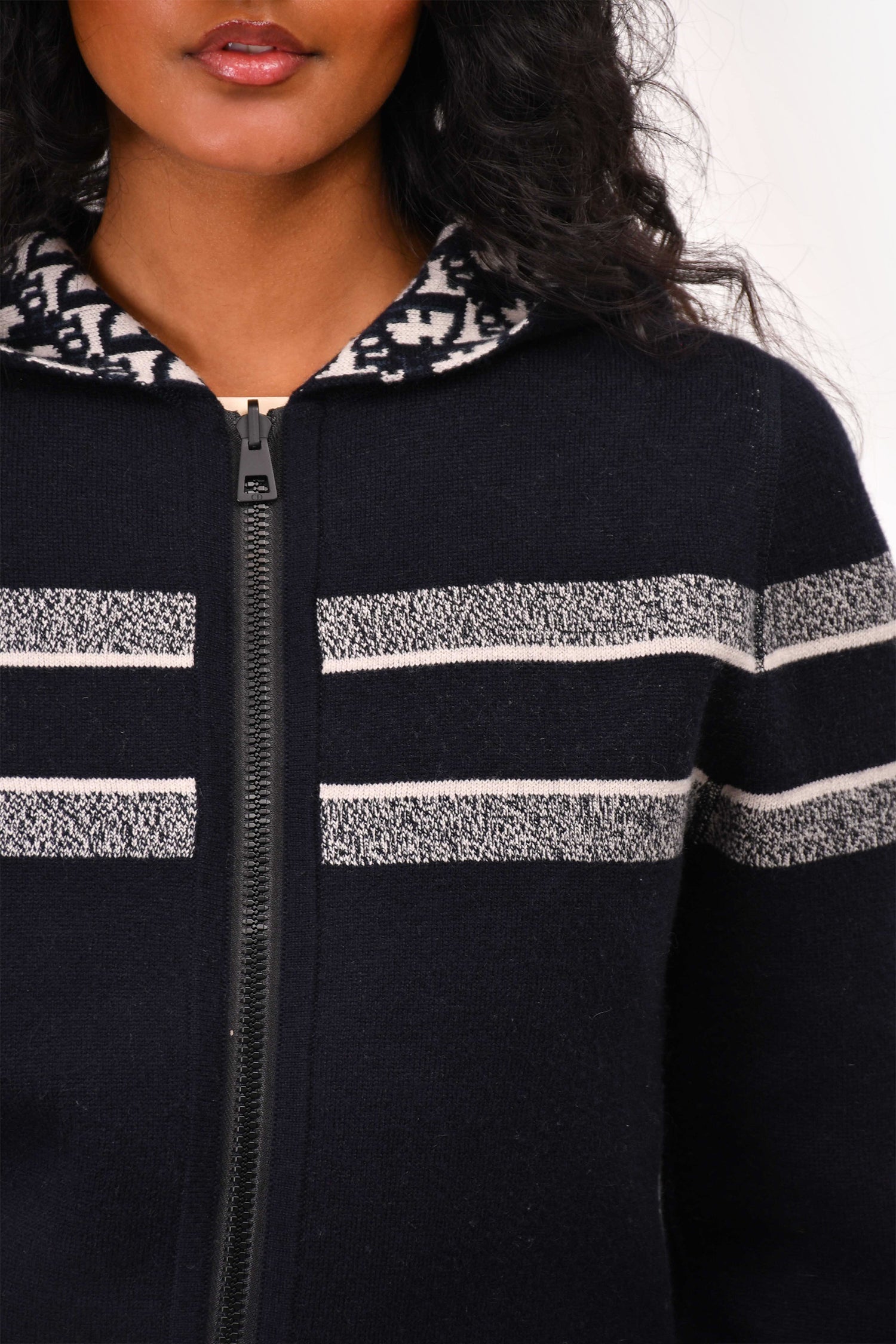 Christian Dior Blue Oblique Cashmere Reversible Zip Hooded Sweater Estimated Size S