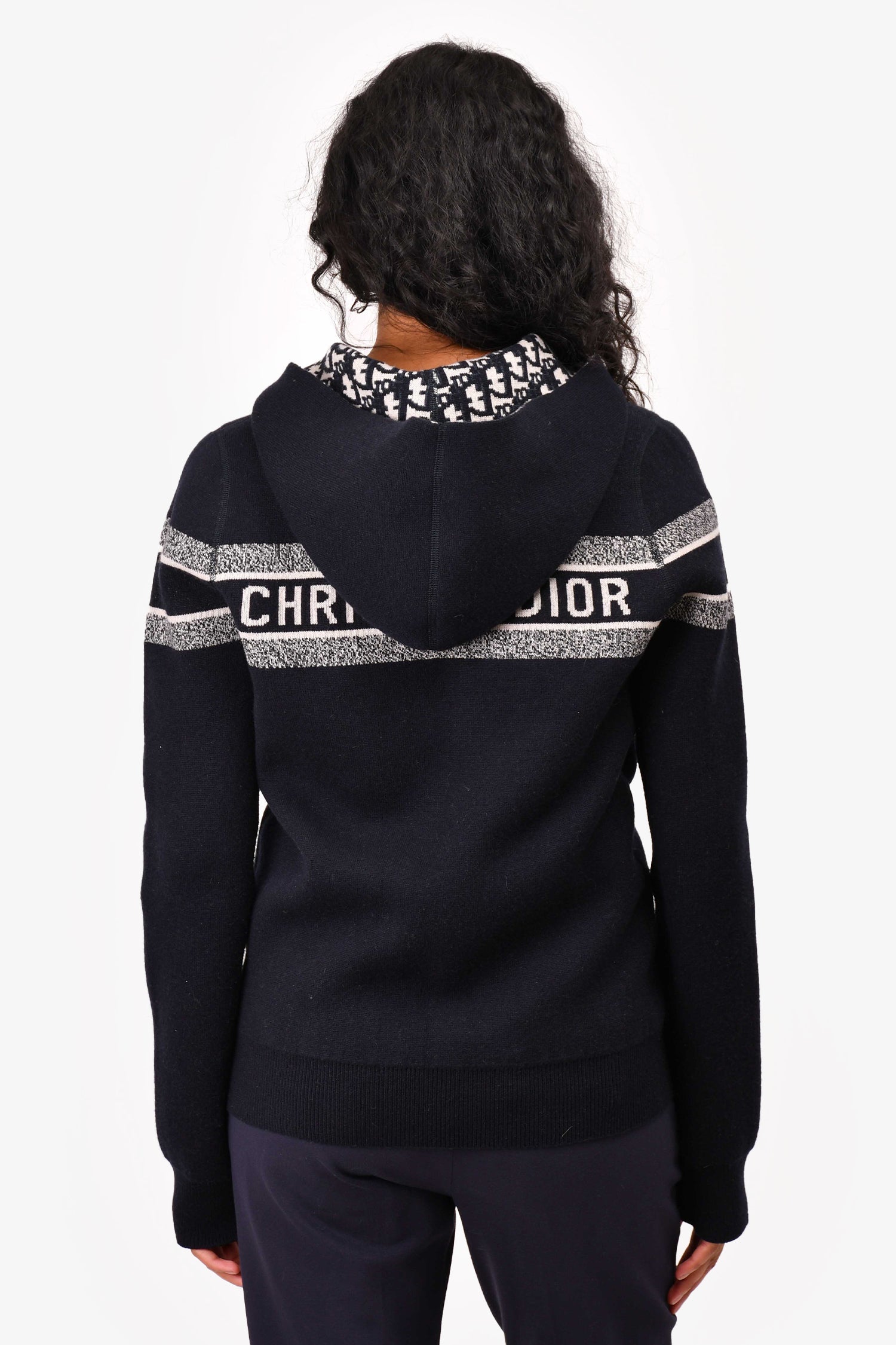 Christian Dior Blue Oblique Cashmere Reversible Zip Hooded Sweater Estimated Size S