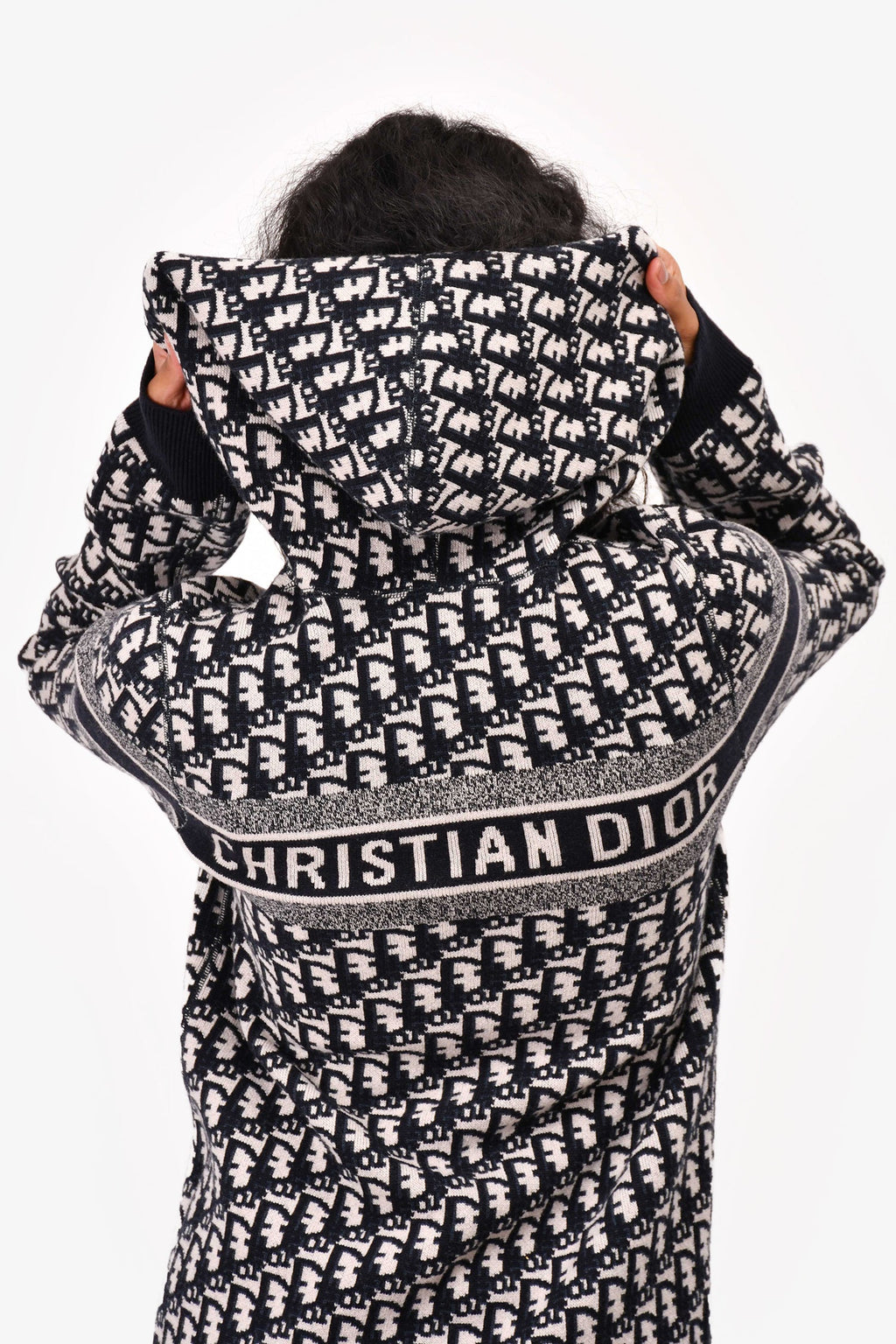 Christian Dior Blue Oblique Cashmere Reversible Zip Hooded Sweater Estimated Size S