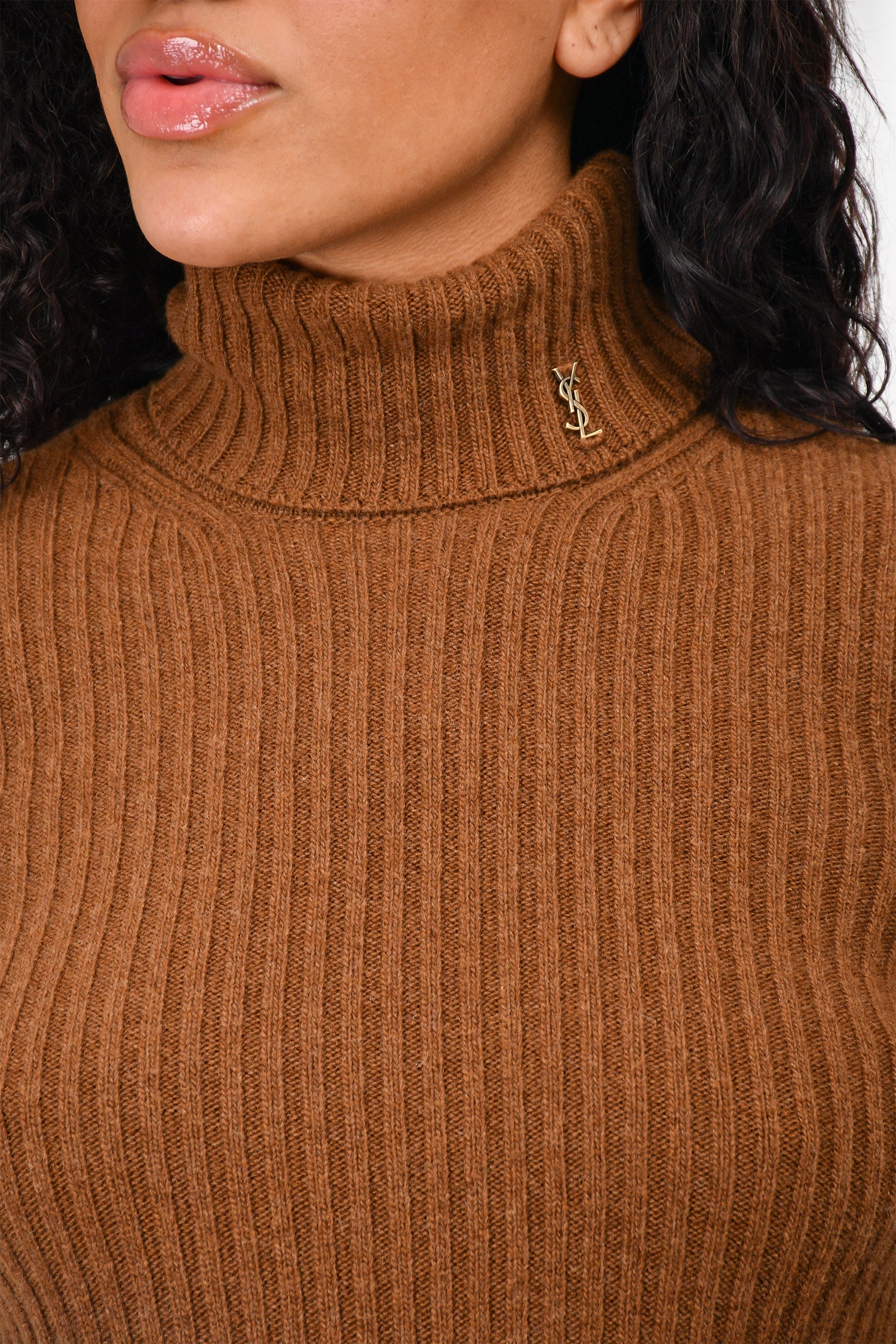 Saint Laurent Brown Ribbed Wool/Cashmere Turtleneck with Logo Size M
