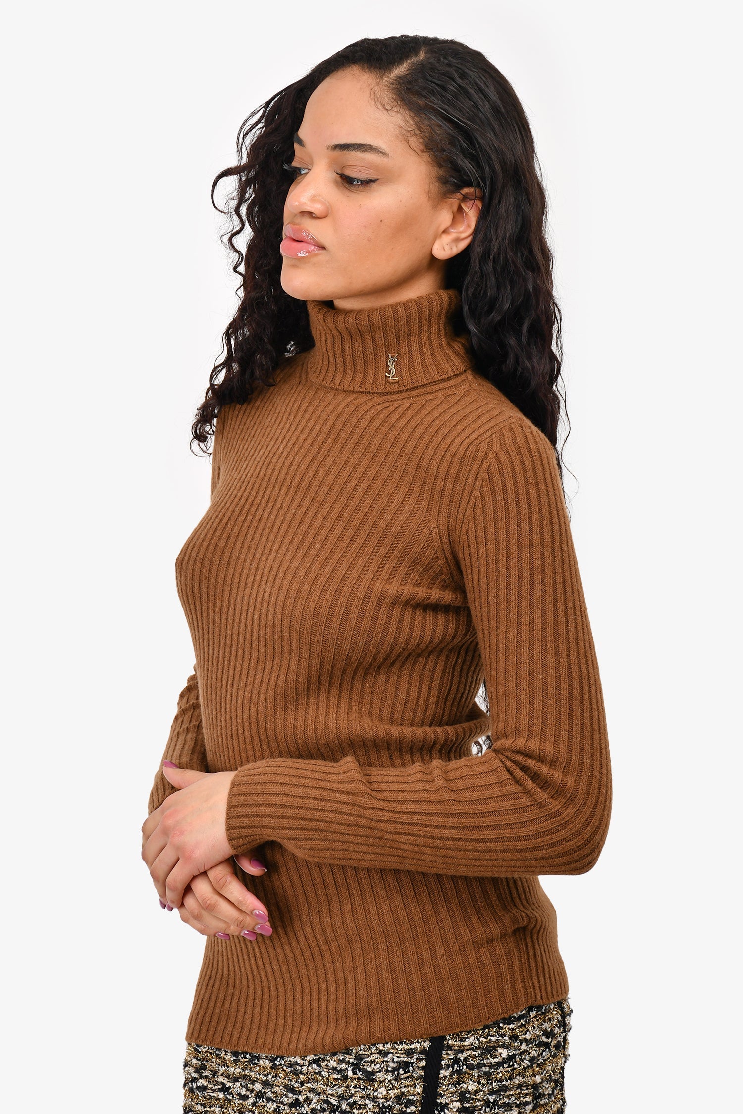 Saint Laurent Brown Ribbed Wool/Cashmere Turtleneck with Logo Size M