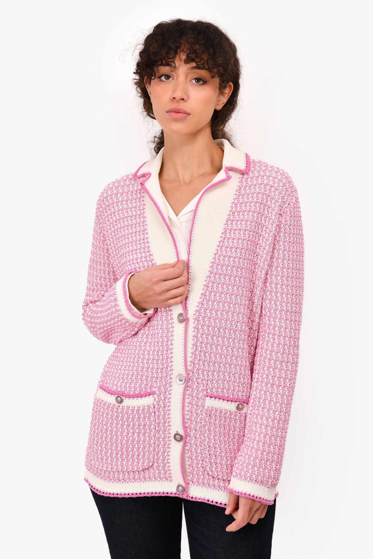 Pre-Loved Chanel™ 2022 Spring Lilac/White Cotton Knit igan Size 34