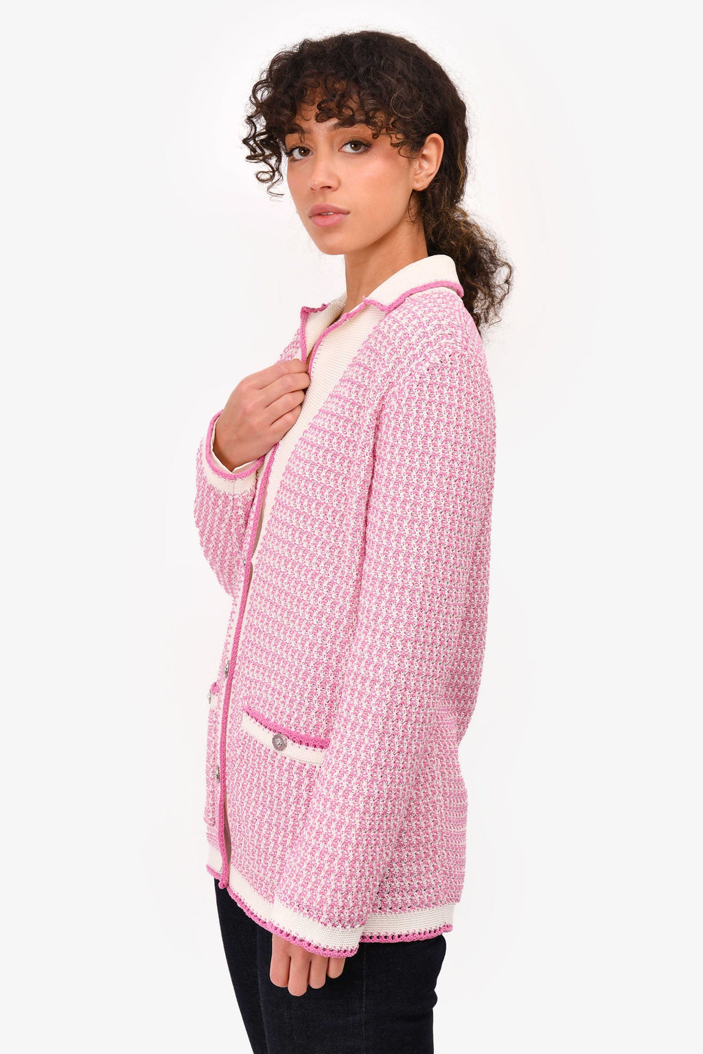 Pre-Loved Chanel™ 2022 Spring Lilac/White Cotton Knit igan Size 34