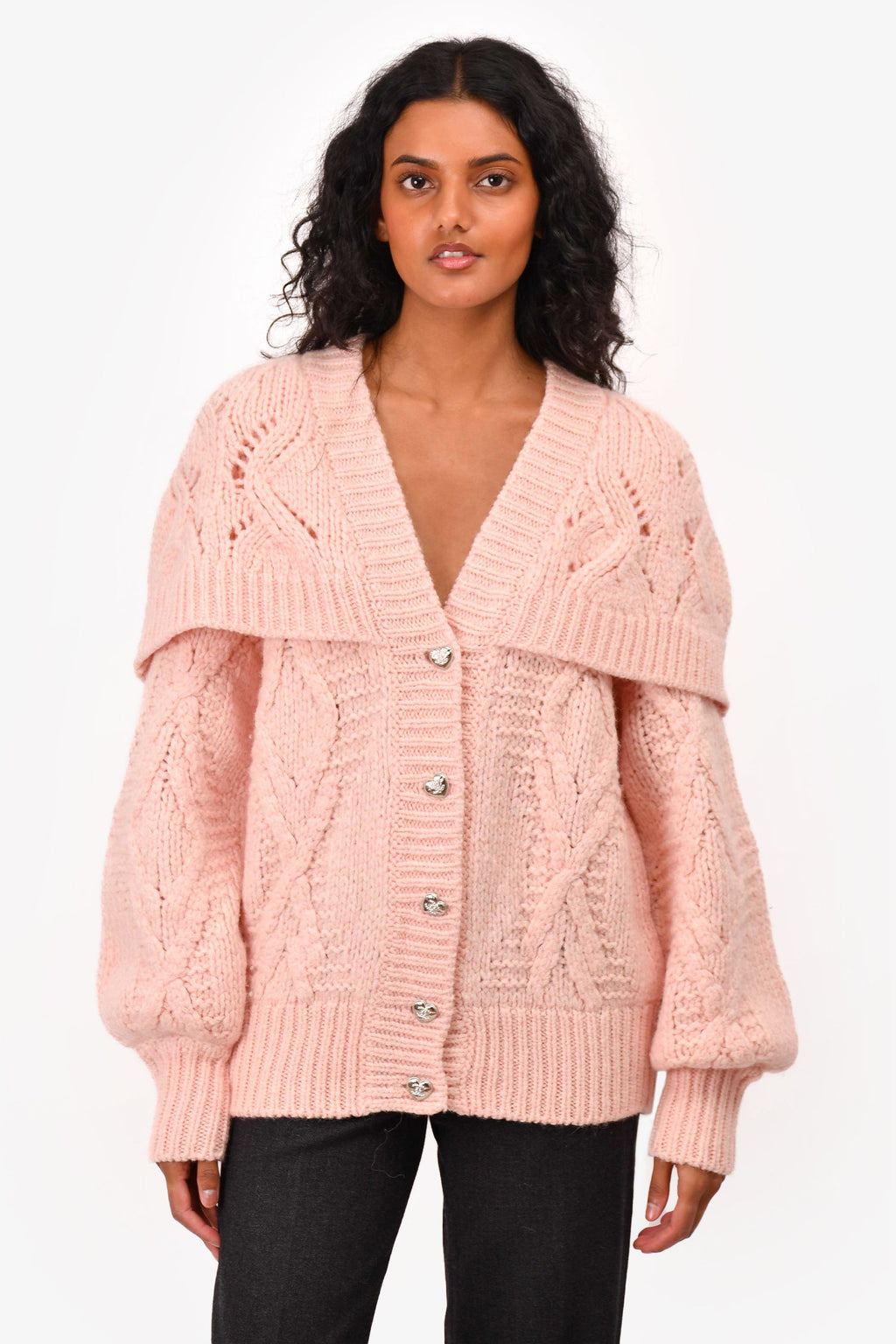 Pre-Loved Chanel™ Fall/Winter 2021 Pink Wool/Alpaca Chunky Knit igan with Silver Heart Buttons Size 38